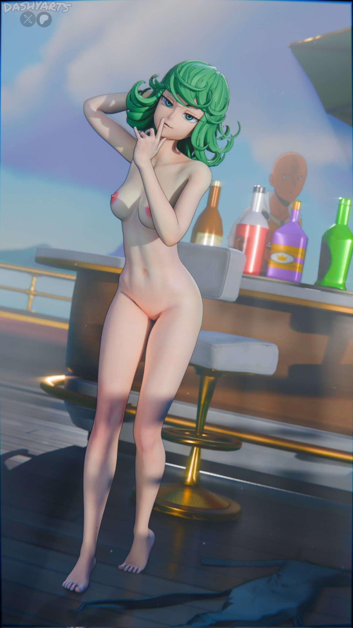 1boy, 1boy1girl, 1girls, 3d, 3d (artwork), breasts, dashyarts, female, female focus, fortnite, green eyes, green hair, looking at viewer, male, male/female, nipples, nude, nude female, one-punch man, saitama, tatsumaki, woman