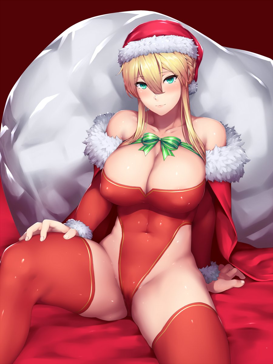 alternative_costume artoria_pendragon artoria_pendragon_(lancer) blonde_hair blush breasts cape christmas_outfit fate_(series) female female fur_trim green_eyes hat high_resolution highleg highleg_leotard kageshio_(276006) large_breasts leotard looking_at_viewer red_legwear sack santa_costume santa_hat sitting solo