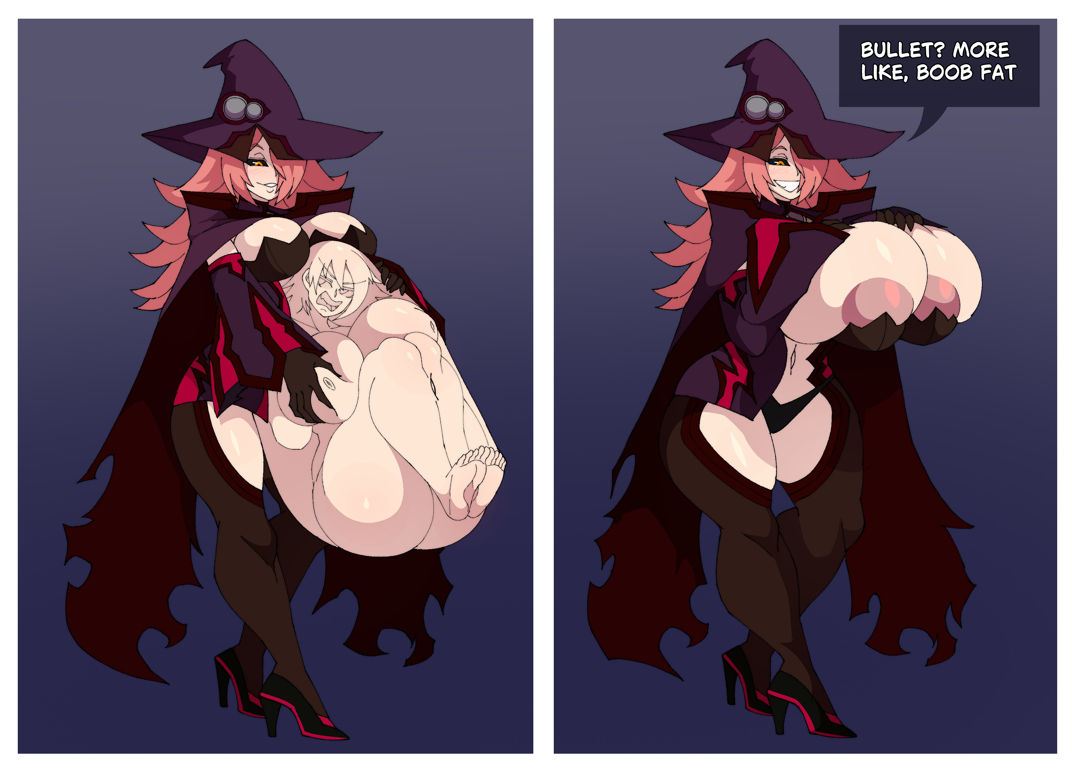 big breasts, breast expansion, breasts, breasts bigger than head, bullet (blazblue), female, female focus, female only, female pred, female prey, huge breasts, hyper, hyper belly, hyper breasts, konoe a mercury, nine the phantom, prey outline, sunnyhero, vore, vore belly, weight gain