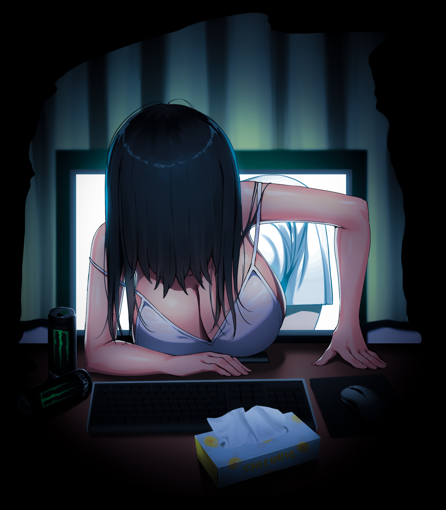 1girls, big breasts, black hair, breasts, cleavage, computer, creepy, female, ghost, ghost girl, hair over eyes, monster energy, the ring, tissue, yamamura sadako