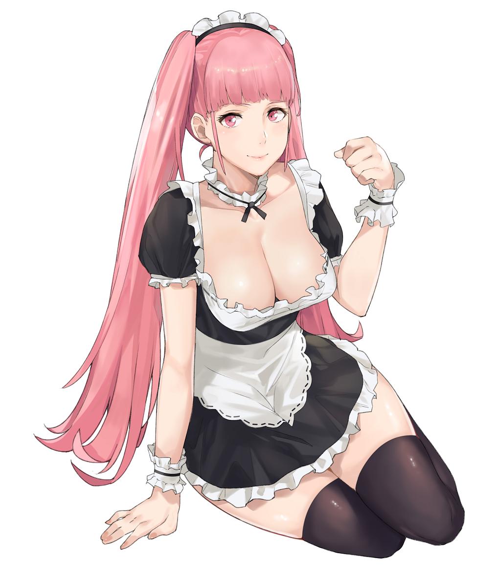 1girls, apron, bangs, black legwear, blunt bangs, breasts, cleavage, dress, female, fire emblem, fire emblem: three houses, hilda valentine goneril, j@ck, large breasts, long hair, looking at viewer, maid, maid headdress, maid uniform, pink eyes, pink hair, simple background, smile, solo, thick thighs, thighhighs, twintails, white background, zettai ryouiki