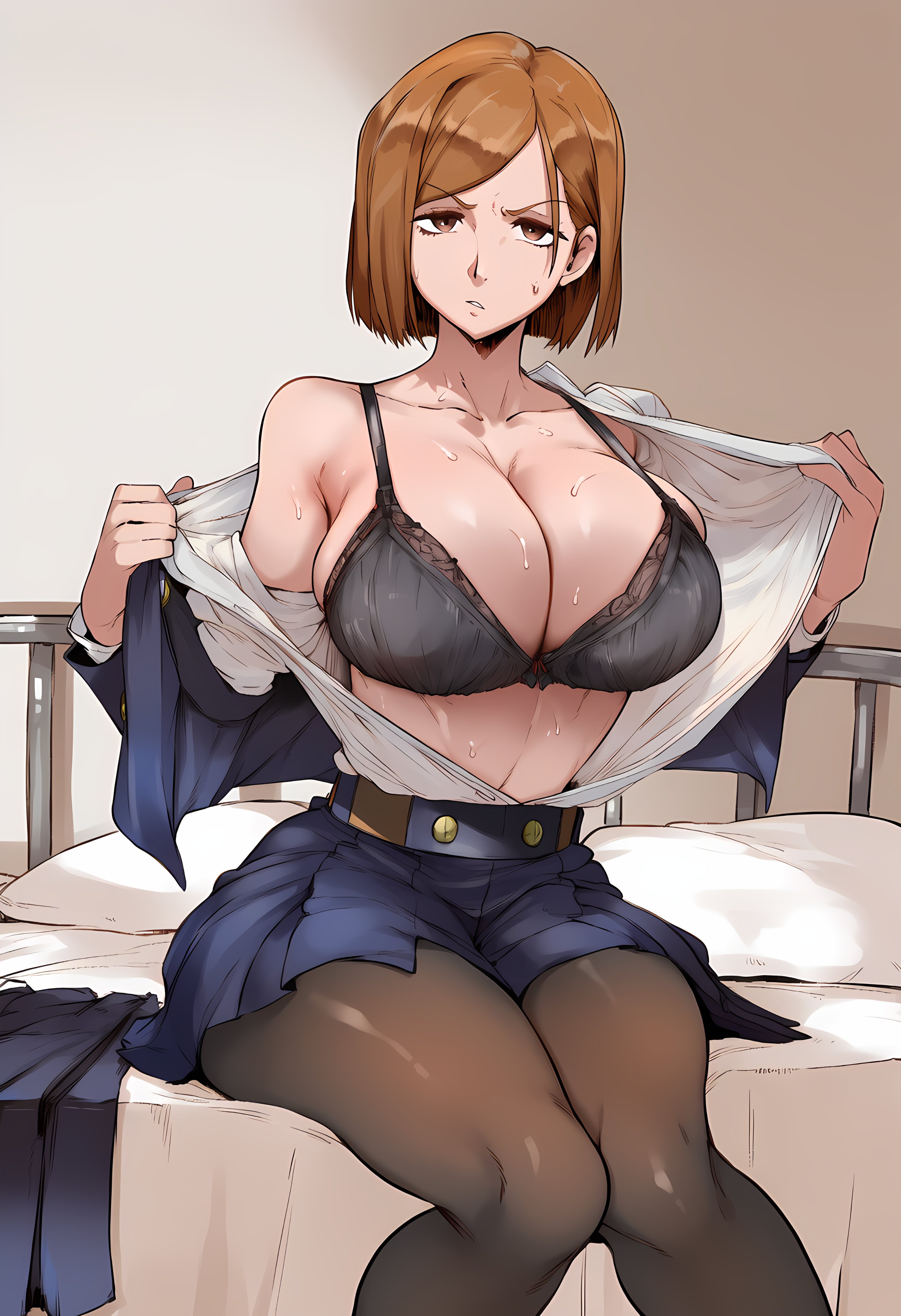 1girls, ai generated, bangs, bare shoulders, black bra, blush, bra, breasts, brown eyes, brown hair, cleavage, collarbone, collared shirt, creampilations, dress shirt, female, jujutsu kaisen, kugisaki nobara, long sleeves, looking at viewer, open clothes, open shirt, pantyhose, shirt, short hair, sitting, skirt, solo, sweat, underwear, undressing, white shirt