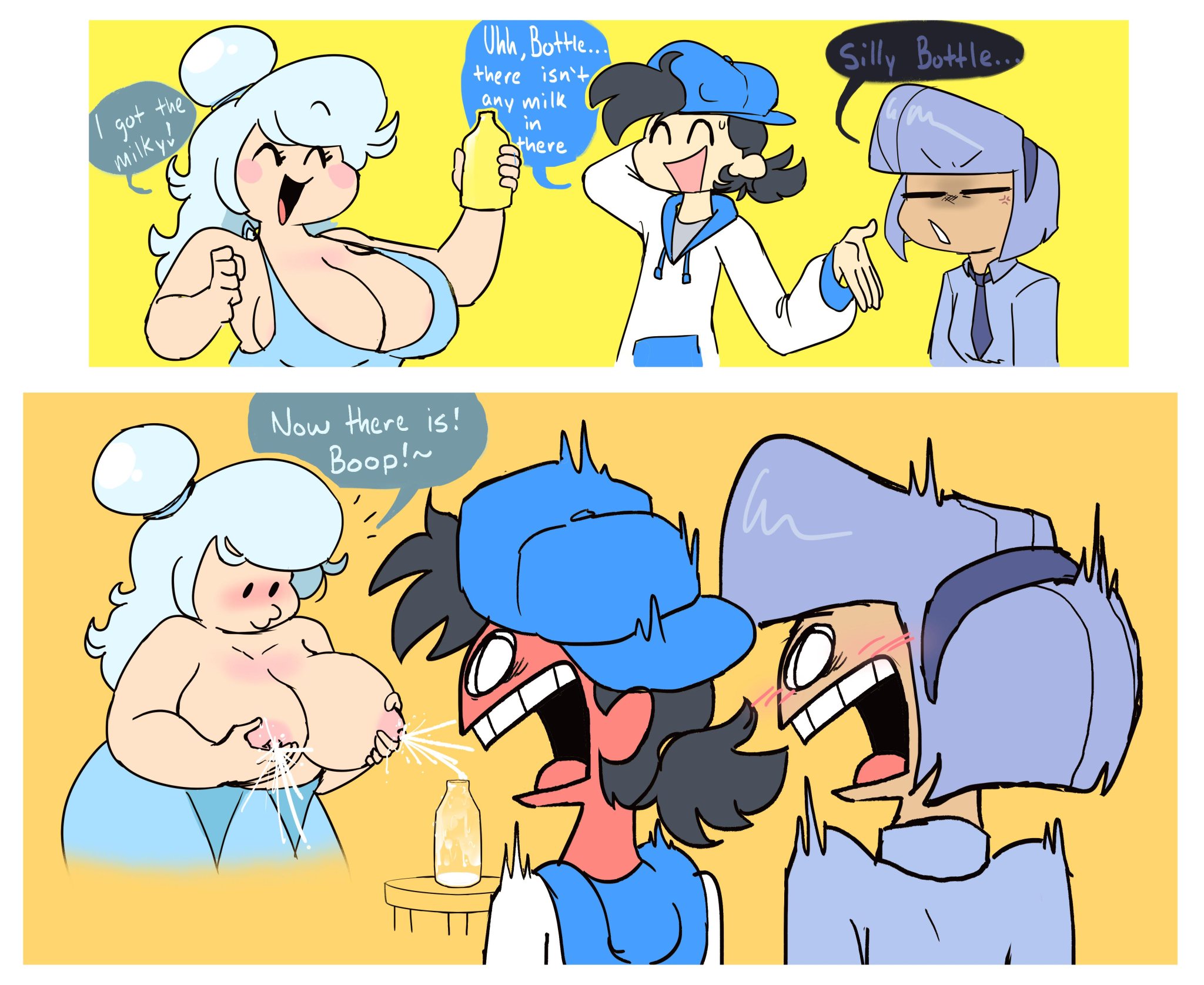 1boy, 1boy2girls, 1girls, 2d, 2girls, battle for bfdi, battle for dream island, bfb, bfdi, bfdia, big breasts, blush, blush lines, blushing, blushing female, blushing male, bottle, bottle (bfdi), breast milk squirt, breasts, breasts out, cap, color, colored, english, english text, female, gijinka, hat, headwear, humanized, humanized object show, jacknjellify, jnj, lactating, lactation, liy (bfdi), male, necktie, neckwear, object show, object show community, object shows, osc, pen (bfdi), picknpull, shocked, speech bubble, speech bubbles, text, text bubble, the power of two, tie, tpot