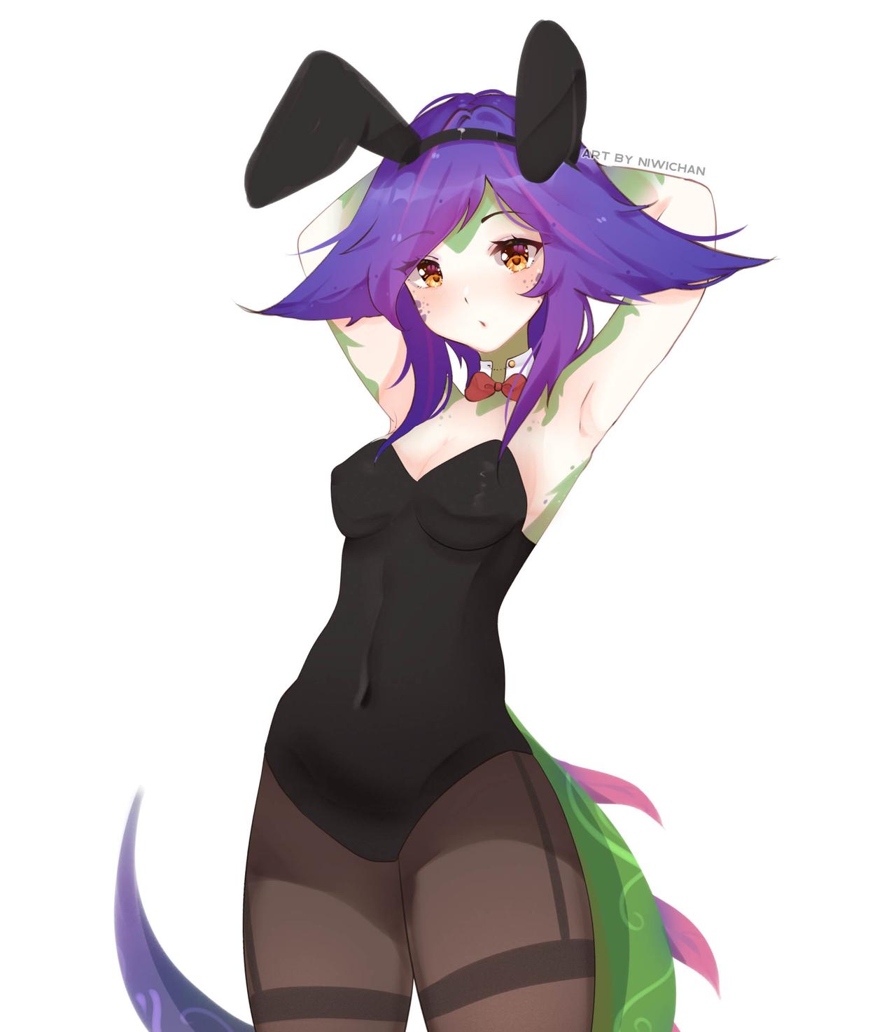 blush, bodysuit, breasts, bunny ears, bunnysuit, clothed, clothing, cute, female, league of legends, neeko, niwichan, purple hair, riot games, small breasts, tail, tattoo, white skin, yellow eyes