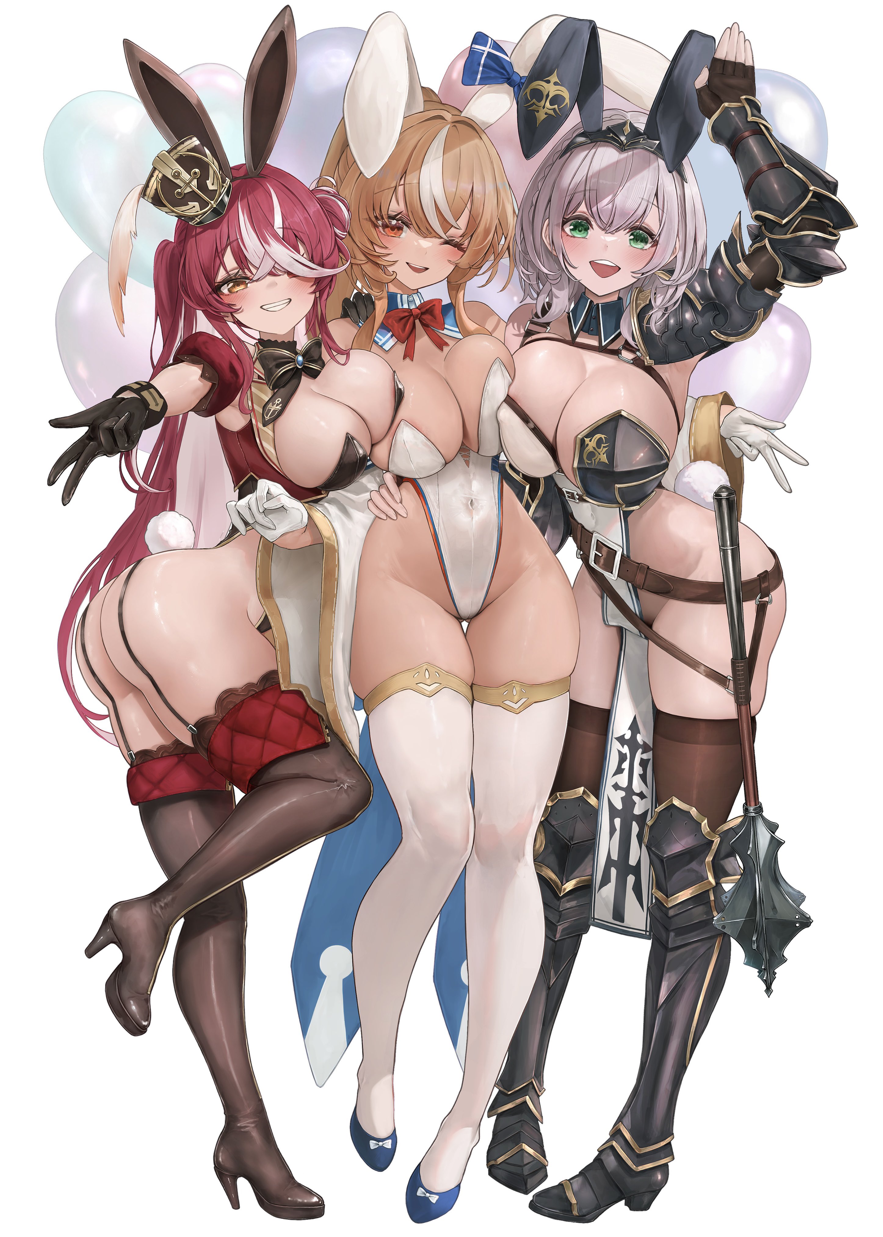 ;d, :d, 3girls, absurdres, adapted costume, animal ear hairband, animal ears, balloon, black boots, black bow, black bowtie, black gloves, black leotard, black thighhighs, blonde hair, blush, boots, bow, bowtie, braid, breast press, breasts, cleavage, commentary request, covered navel, crossed bangs, dark elf, dark skin, dark-skinned female, detached sleeves, elf, fake animal ears, fake tail, female, fingerless gloves, full body, garter straps, gloves, gold trim, green eyes, grey hair, grin, hair between eyes, hair bun, hairband, half gloves, hat, heart balloon, highres, hololive, hololive fantasy, hololive japan, houshou marine, houshou marine (marching band), large breasts, leotard, long hair, looking at viewer, maison de cante, medium hair, mini hat, multicolored hair, multiple females, multiple girls, official alternate hairstyle, one eye closed, one side up, open mouth, pelvic curtain, playboy bunny, pointy ears, ponytail, puffy detached sleeves, puffy short sleeves, puffy sleeves, rabbit ear hairband, rabbit ears, rabbit tail, red eyes, shako cap, shiranui flare, shiranui flare (1st costume), shirogane noel, shirogane noel (1st costume), short sleeves, side up bun, simple background, smile, standing, streaked hair, tail, thigh boots, thighhighs, tilted headwear, very long hair, virtual youtuber, wavy hair, white background, white gloves, white hair, white leotard, white thighhighs, wide sleeves