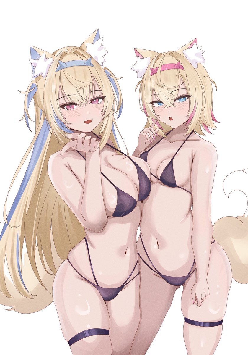 2girls, alternate costume, animal ear fluff, animal ears, asymmetrical docking, bikini, black bikini, blue eyes, blue hairband, blue streaks, breast press, breasts, commentary, dog ears, dog girl, dog tail, english commentary, female, fuwamoco, fuwawa abyssgard, hairband, highres, hololive, hololive english, hololive english -advent-, horn hairband, large breasts, long hair, looking at viewer, medium hair, mococo abyssgard, multiple females, multiple girls, navel, open mouth, pink eyes, pink hairband, pink streaks, sasaki ikuya, siblings, simple background, sisters, small breasts, swimsuit, tail, thigh strap, twins, two side up, virtual youtuber, white background