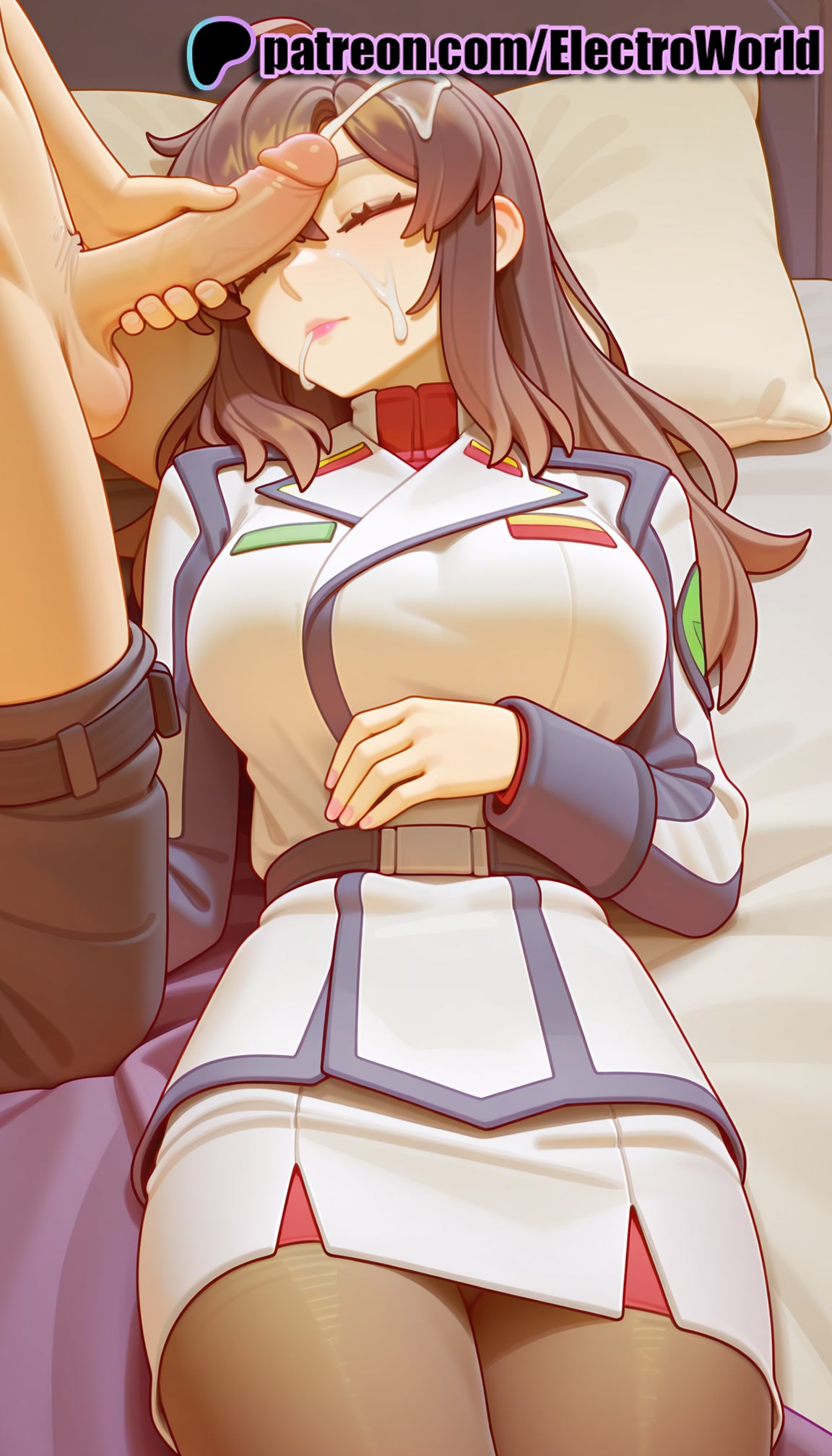 1boy, 1girls, 2025, ai generated, artist name, bed, brown hair, closed eyes, cock, cum, dick, electroworld, facial, female, gundam, hi res, high quality, high resolution, highres, long hair, lying, male, murrue ramius, patreon, patreon username, penis, pillow, shorts, sleep molestation, sleeping, solo focus, stable diffusion, straight, uncensored, watermark