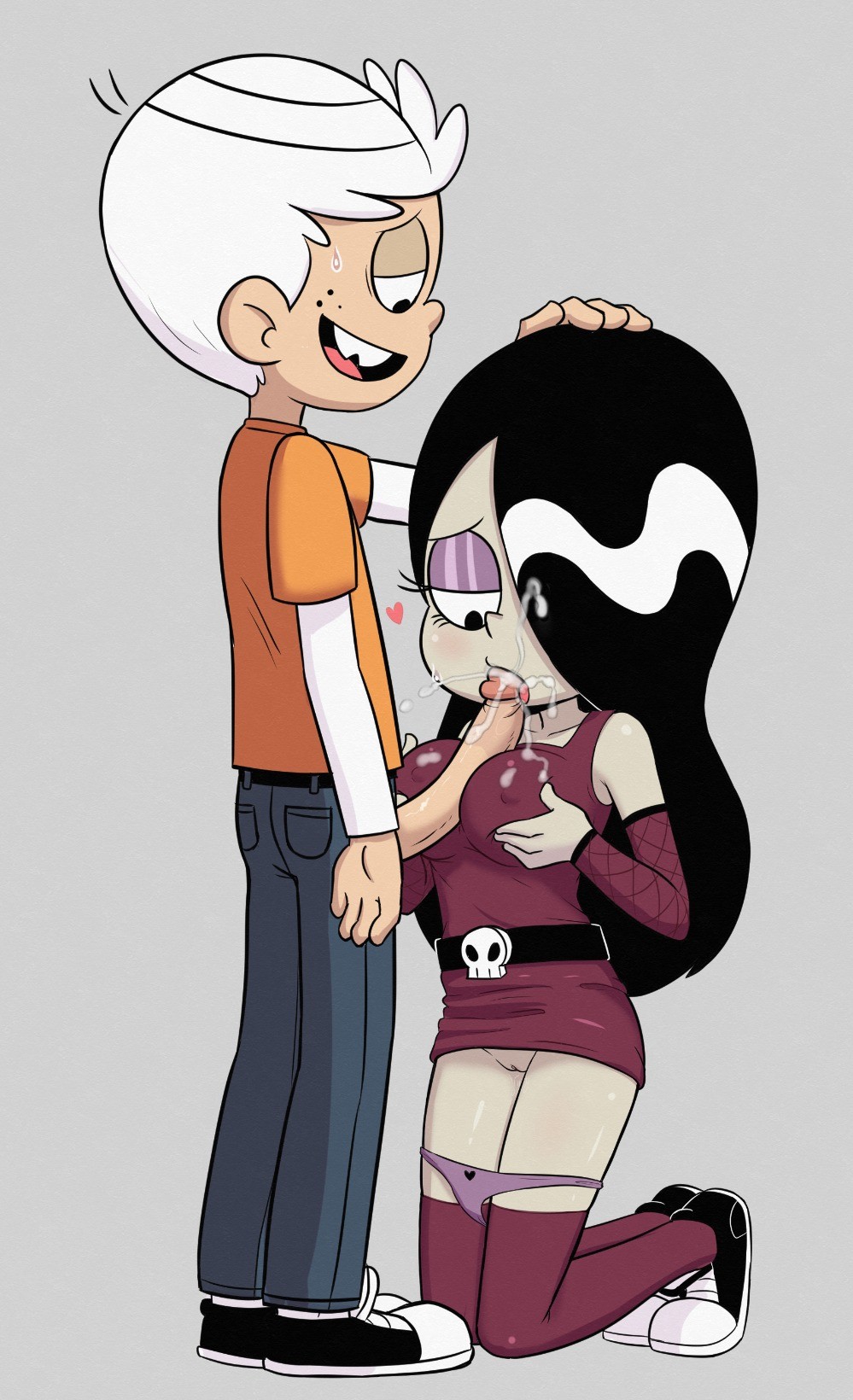 1boy, 1girls, aged up, big breasts, boobjob, breasts, cigarette, cum, cum in mouth, cum on breasts, cum on face, cumming, cumming from paizuri, cumshot, cumshot in chest, cumshot in mouth, cumshot on face, dark hair, expressionless, facial, fellatio, female, female focus, fishnets, haiku (the loud house), holding breast, holding head, lincoln loud, male, no text, on knees, paizufella, paizuri, paizuri over clothes, panties, panties down, pink panties, purple dress, redkaze, sitting, skull, submissive female, the loud house, titjob, white background