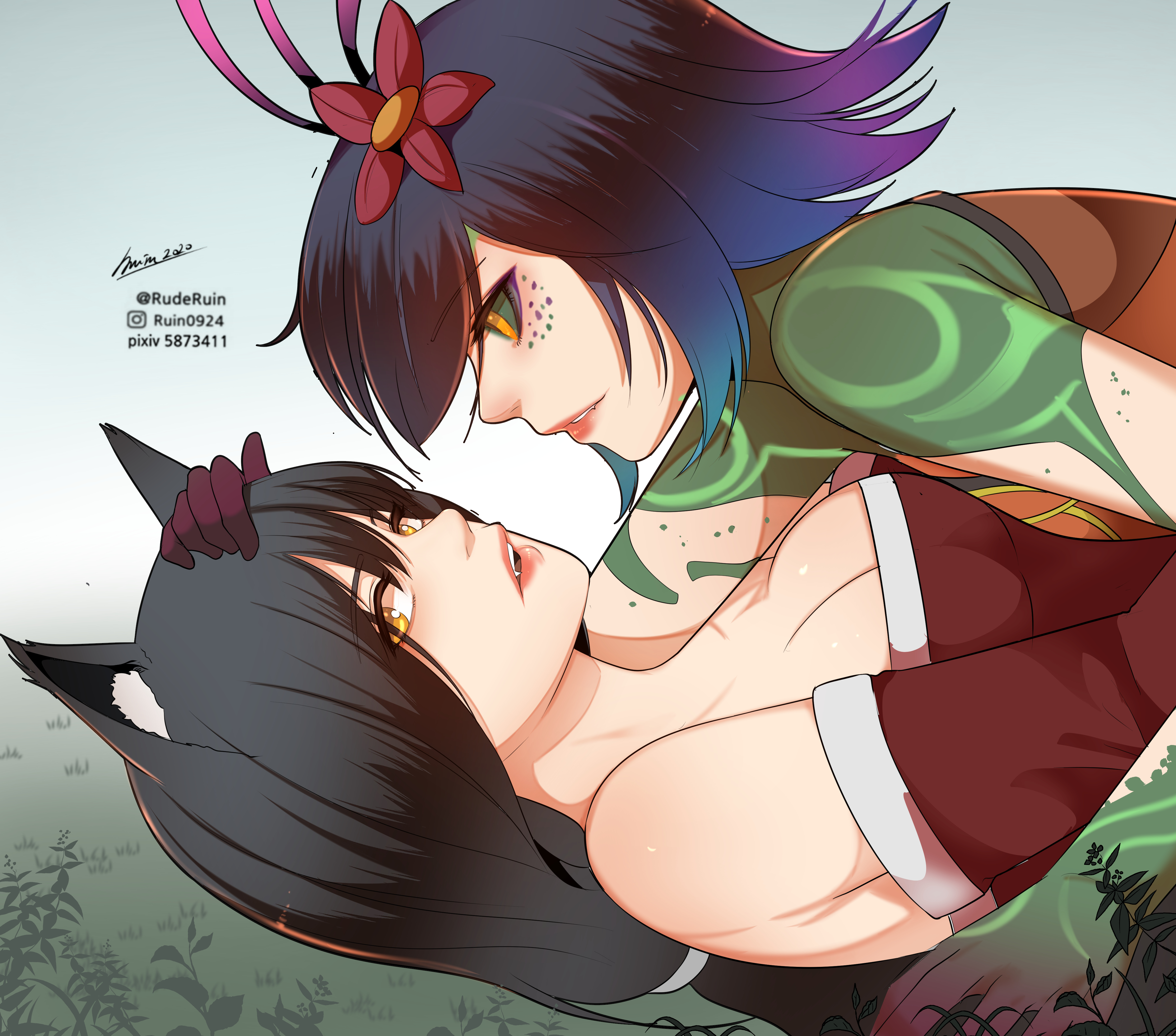2girls, ahri, big breasts, black hair, blush, breasts, clothed, clothing, eyeshadow, female, flower, fox, fox ears, fox girl, green sclera, league of legends, lesbian focus, long hair, neeko, pink lips, pink lipstick, purple hair, riot games, rude, ruderuin, short hair, tattoo, white skin, wholesome, yellow eyes, yuri