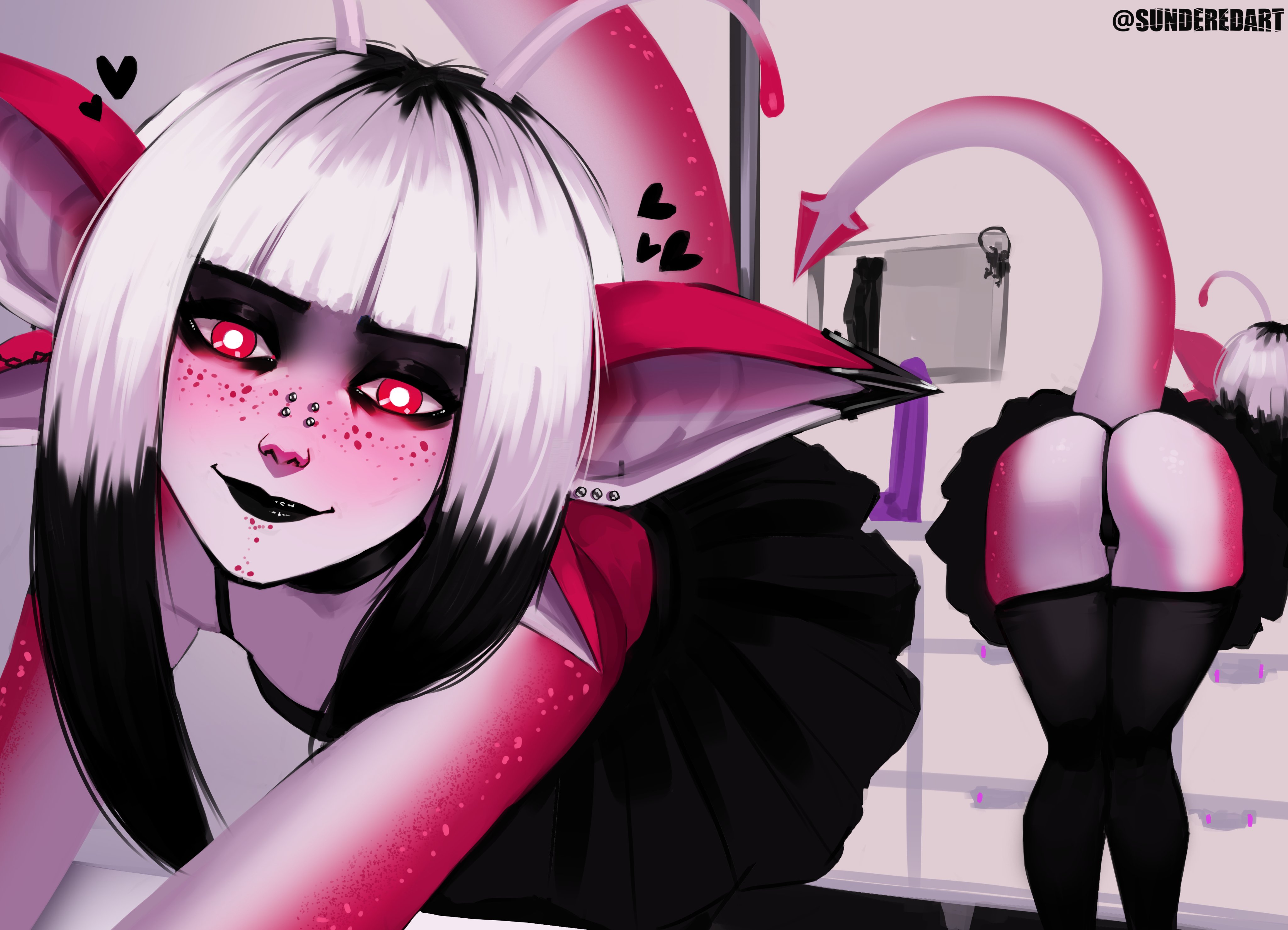 1girls, alien, alien girl, antennae, antennae (anatomy), bent over, black lipstick, black panties, clothed, cum, dildo, ear piercing, earrings, female, freckles, junjira (species), lipstick, long tongue, mirror, panties, pierced ears, pierced nose, piercing, piercings, red eyes, sa'asha (sundered), sharp teeth, smile, sundered, tail, thigh gap, thigh highs, thighhighs, white hair, white skin, xenosexual