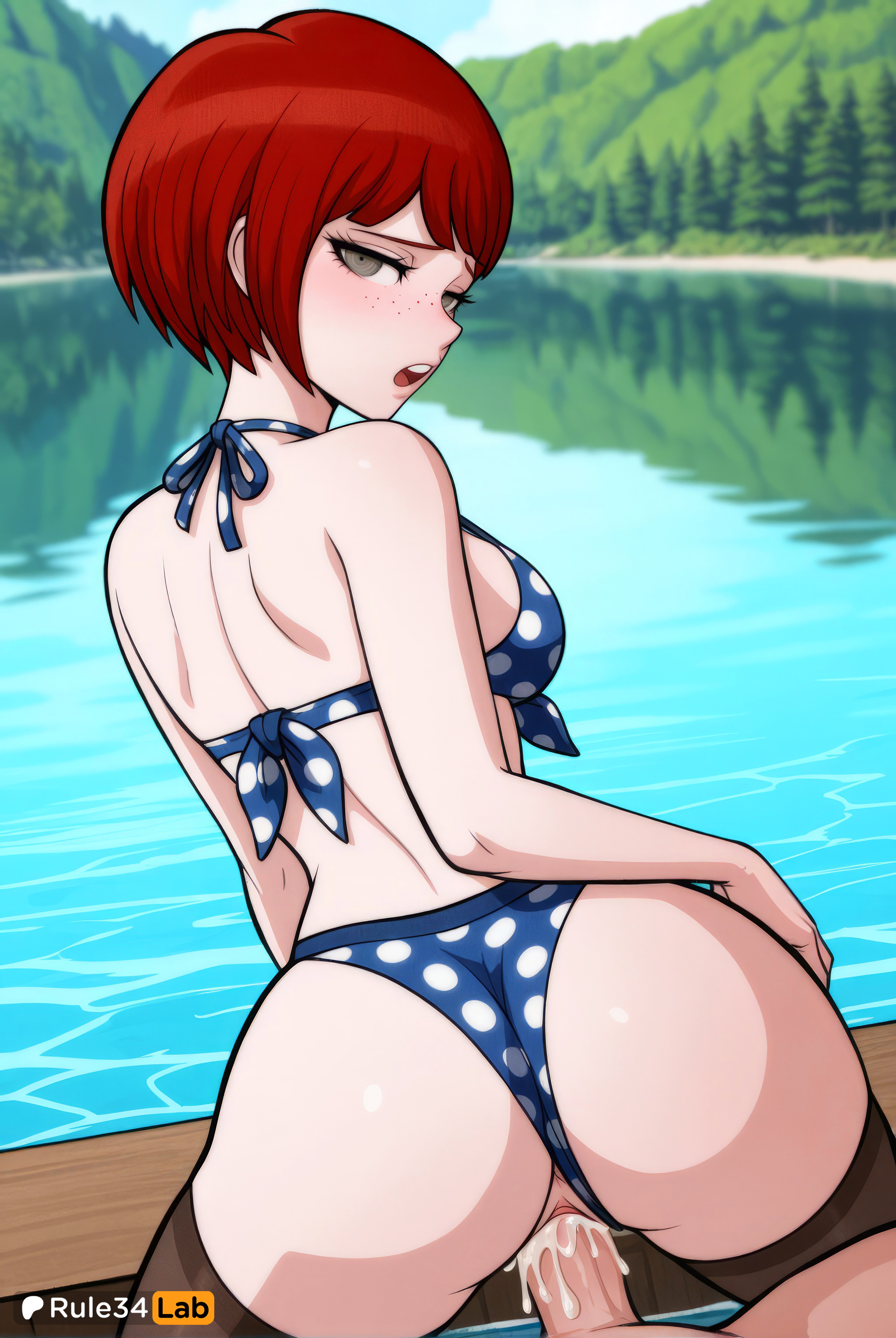 1boy, 1boy1girl, 1girls, ai generated, artist name, ass, bare arms, bare shoulders, bikini, blue bikini, blush, breasts, brown eyes, clothing aside, cum, cum in pussy, danganronpa, danganronpa 2: goodbye despair, day, female, freckles, from behind, hi res, koizumi mahiru, looking at viewer, looking back, open mouth, outdoors, patreon username, penis, polka dot, polka dot bikini, pov, pussy, red hair, rule34lab, sex, short hair, solo focus, stockings, straight, swimsuit, teeth, thighhighs, tree, uncensored, upper teeth only, vaginal penetration, vaginal sex, water