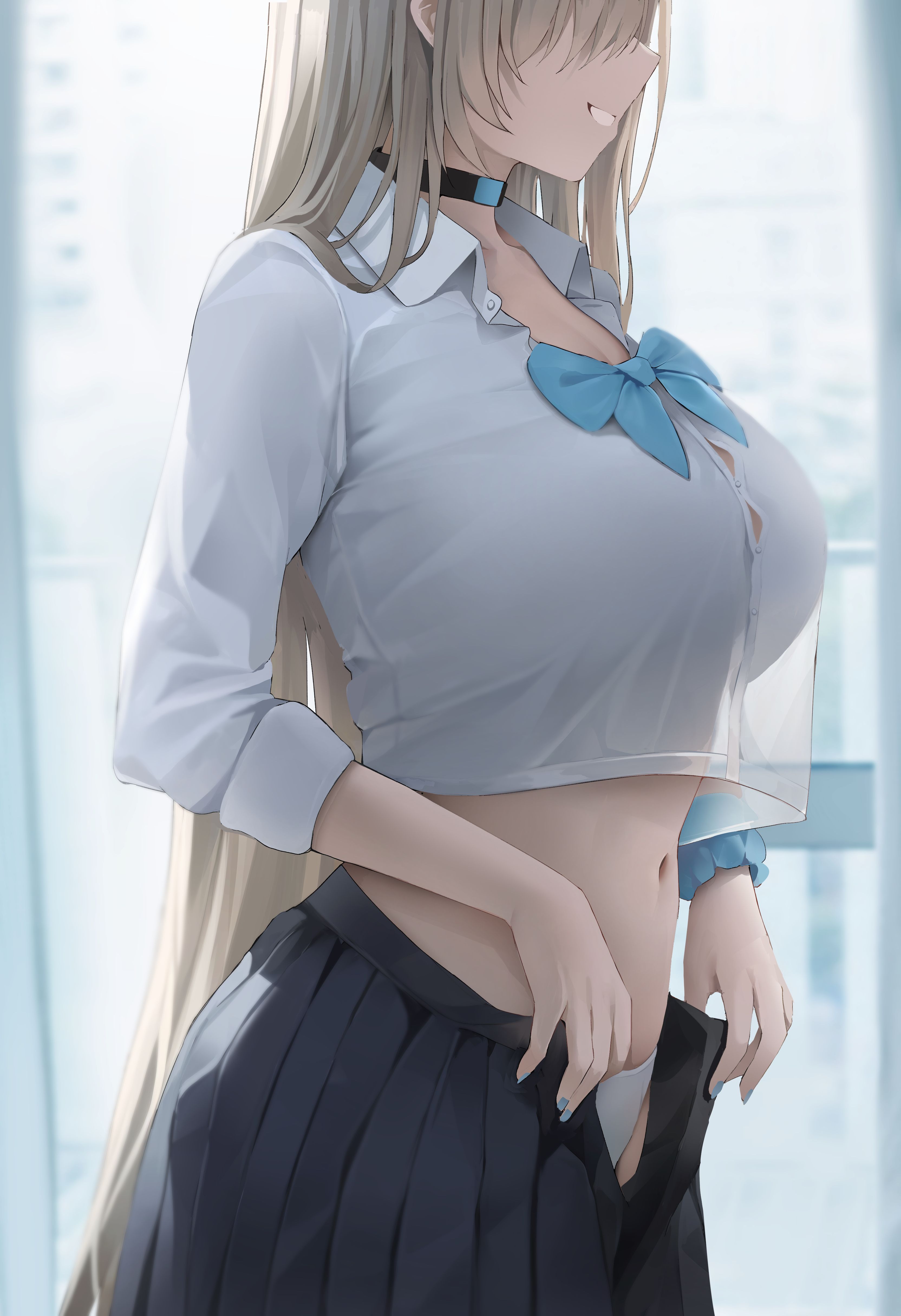 absurdres, asuna (blue archive), asuna (school uniform) (blue archive), black choker, blonde hair, blue archive, blue bow, blue bowtie, blue scrunchie, bow, bowtie, breasts, choker, commentary request, female, from side, hair ornament, hair over eyes, hair scrunchie, head out of frame, highres, korean commentary, large breasts, long hair, loose bowtie, navel, panties, pleated skirt, redshark (t373412), school uniform, scrunchie, shirt, simple background, skirt, sleeves rolled up, solo, standing, stomach, underwear, undressing, very long hair, white background, white panties, white shirt, wrist scrunchie