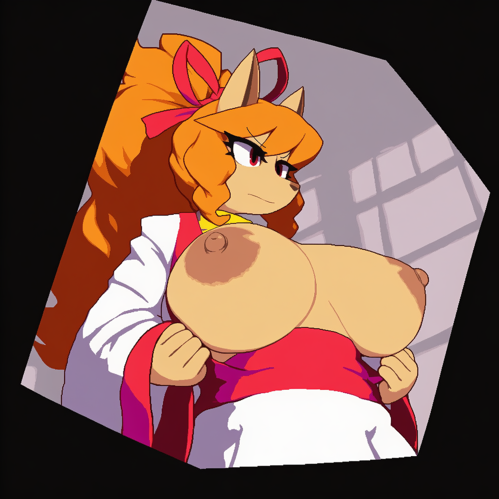 2025, ai generated, alpha channel, anthro, areola, asian clothing, big breasts, breasts, canid, canine, canis, ceroba (undertale yellow), ceroba ketsukane, clothed, clothing, east asian clothing, exposed breasts, female, fur, hair, hellsonger, hi res, huge breasts, japanese clothing, kimono, long hair, mammal, nipples, orange hair, presenting breasts, red eyes, solo, undertale yellow