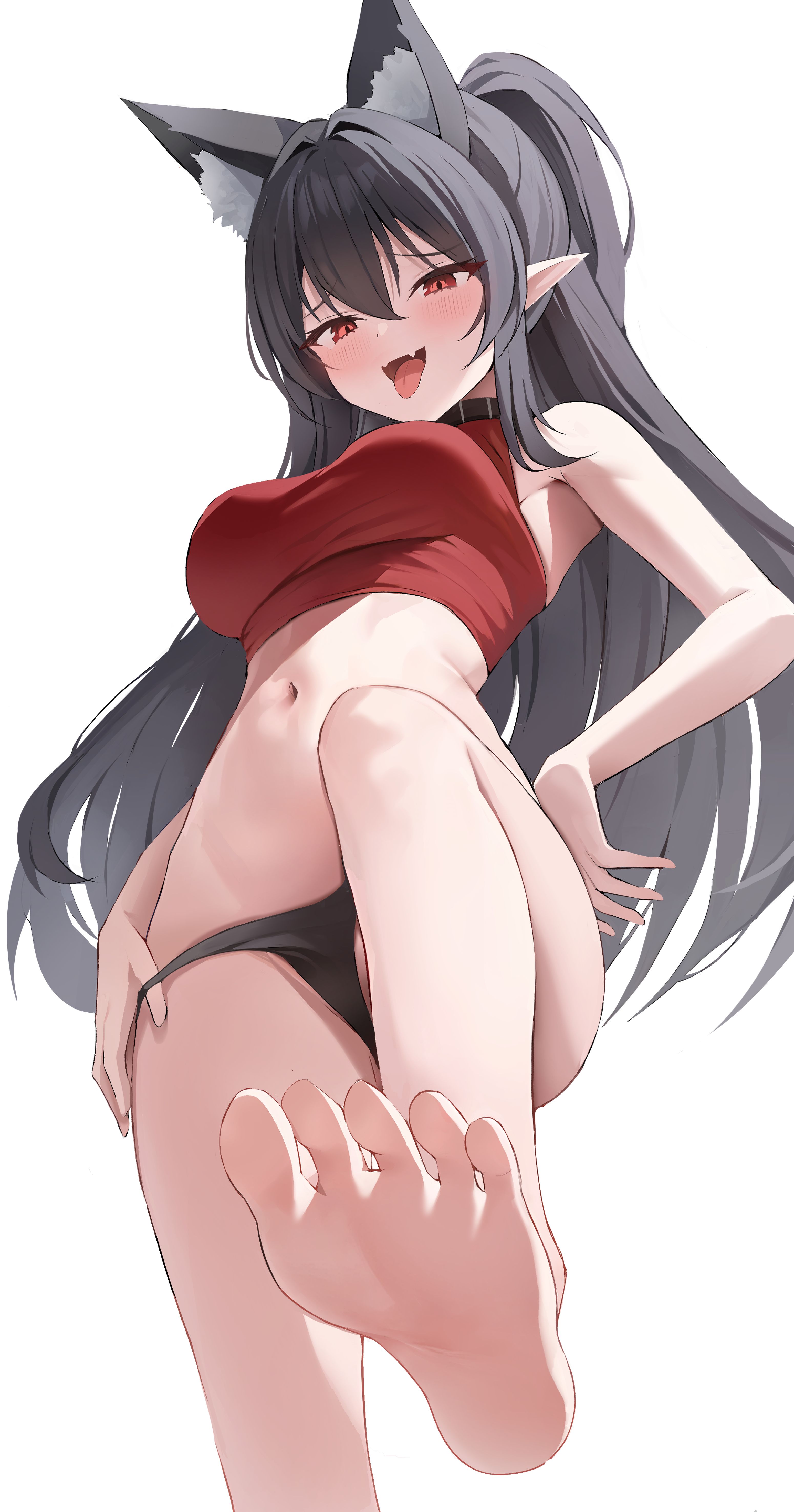 absurdres, animal ear fluff, animal ears, armpits, bare arms, bare legs, bare shoulders, barefoot, black choker, black hair, black panties, breasts, choker, clothes pull, commission, crop top, fangs, feet, female, from below, half updo, hand on own hip, highres, leg up, long hair, looking at viewer, medium breasts, multi ear, naughty face, navel, no pants, open mouth, original, panties, panty pull, podo (hrodvitnir), pointy ears, pulling own clothes, red eyes, red shirt, redshark (t373412), second-party source, shirt, sidelocks, simple background, sleeveless, sleeveless shirt, smile, soles, solo, standing, standing on one leg, stomach, string panties, taut clothes, taut shirt, thighs, toes, tongue, tongue out, underwear, white background, wolf ears