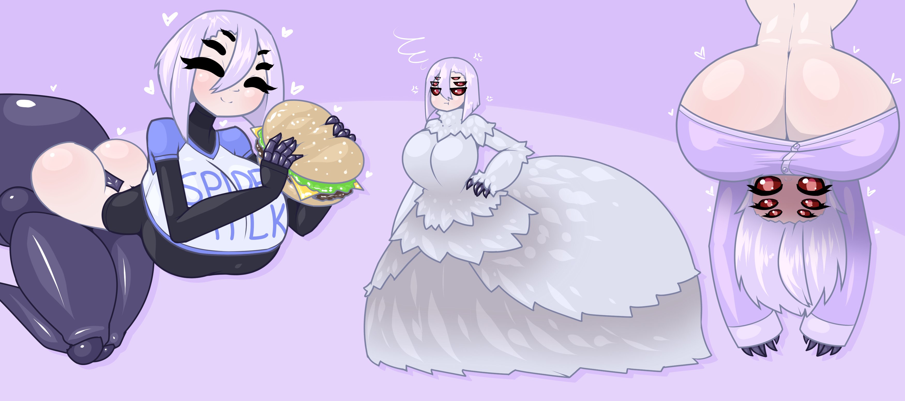 1girls, 6 eyes, arachnid, ass, big breasts, breasts, bursting breasts, claws, cleavage, crop top, dimples of venus, dress, female, female only, food, hamburger, hand on hip, hanging breasts, happy, huge breasts, humanoid, joints, knees, large breasts, limebreaker, looking at viewer, mega milk, monster girl, monster musume no iru nichijou, multi eye, pajamas, pout, pouting, print shirt, rachnera arachnera, red eyes, red sclera, shiny breasts, shiny skin, sleeves past wrists, solo, spoken heart, suspended, underboob, upside down, upside-down, white dress