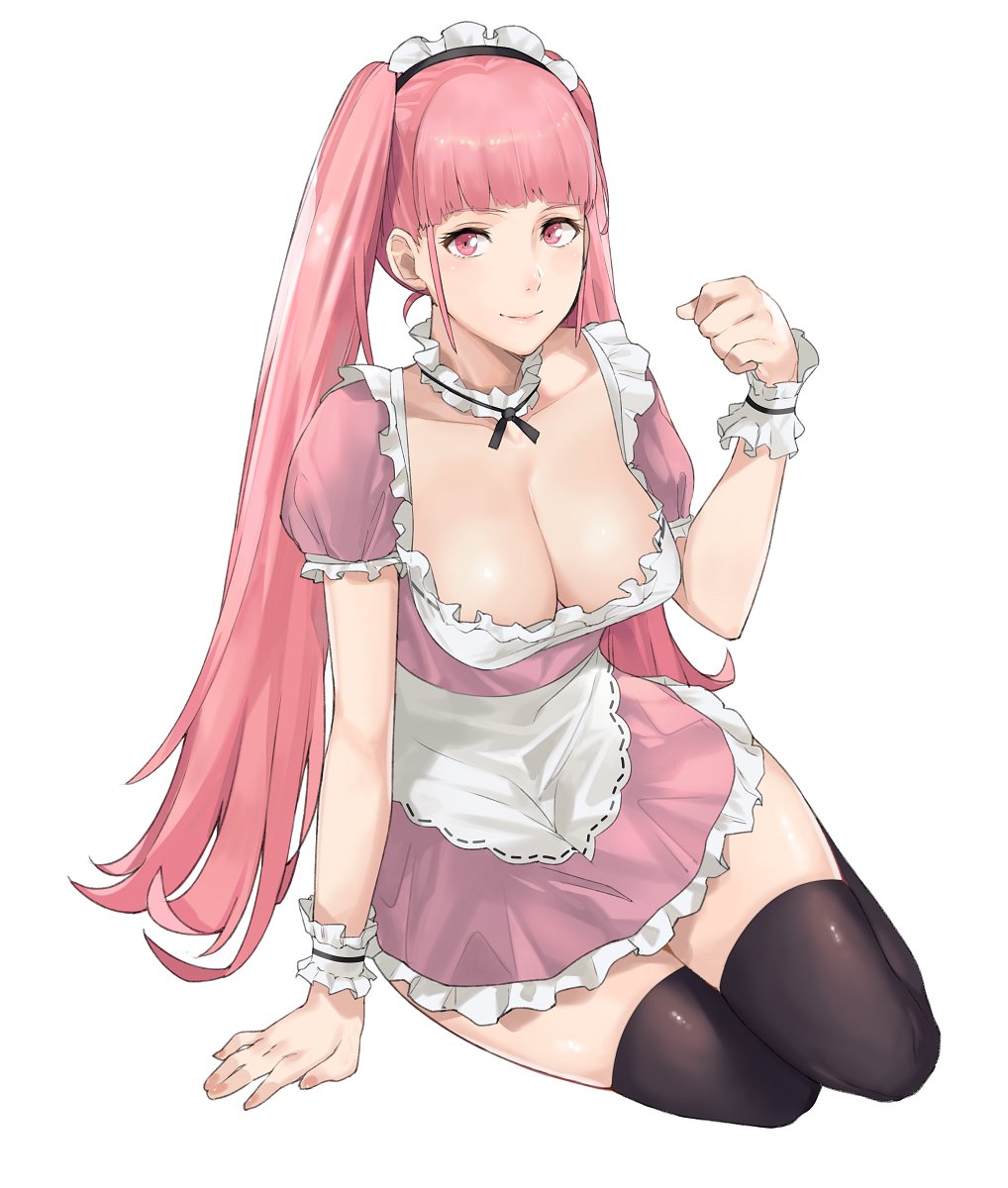 1girls, breasts, cleavage, dress, female, fire emblem, fire emblem: three houses, hilda valentine goneril, j@ck, large breasts, maid, maid headdress, maid uniform, pink eyes, pink hair, solo, thick thighs, thighhighs, thighs, twintails, wide hips