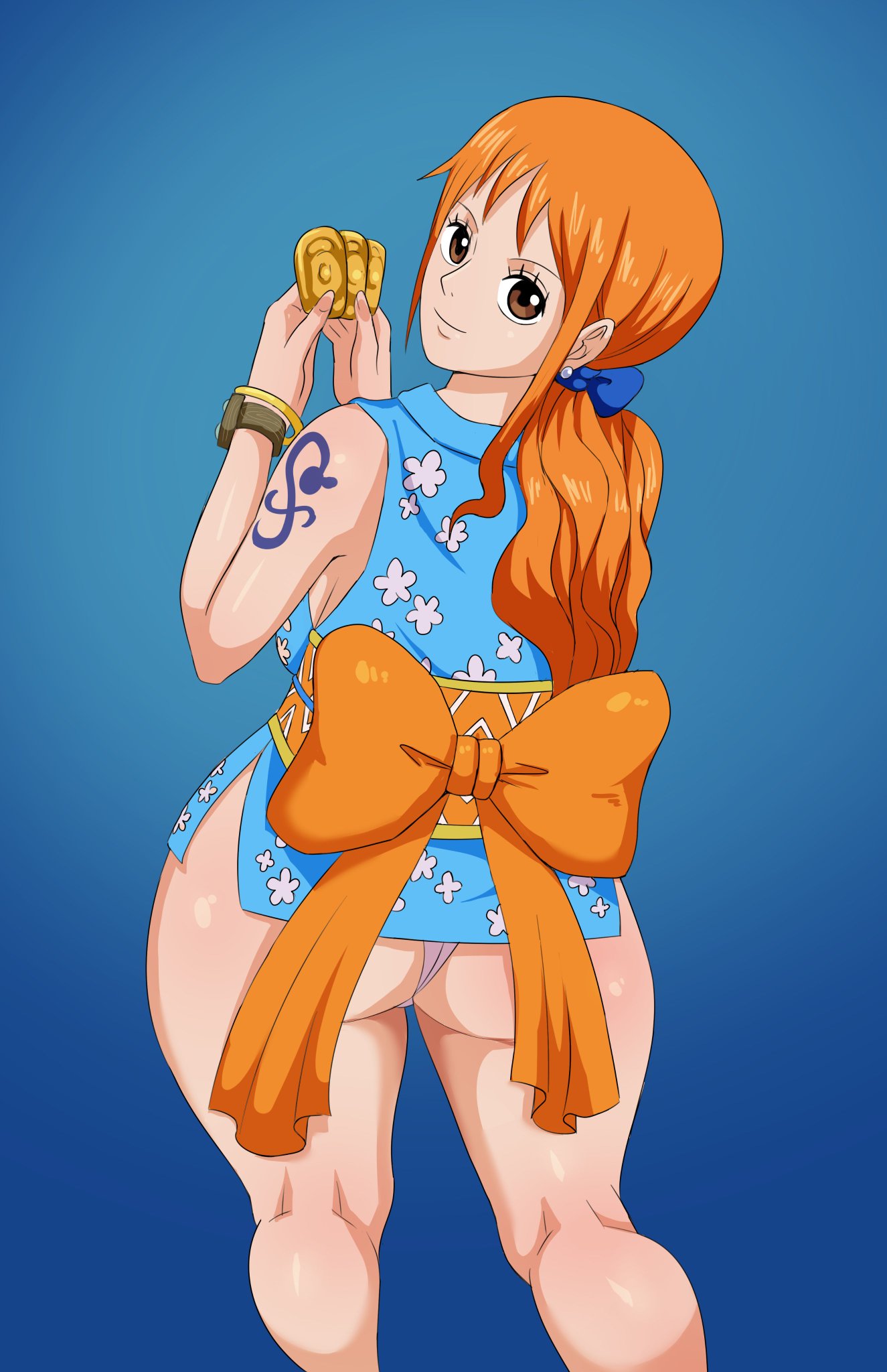 1girls, arm tattoo, ass, big ass, big butt, blue tattoo, clothing, female, female only, huge ass, looking at viewer, looking back, nami (one piece), onami, one piece, orange hair, orange-haired female, panties, pinkpawg, post-timeskip, shounen jump, solo, solo female, tattoo, thick thighs