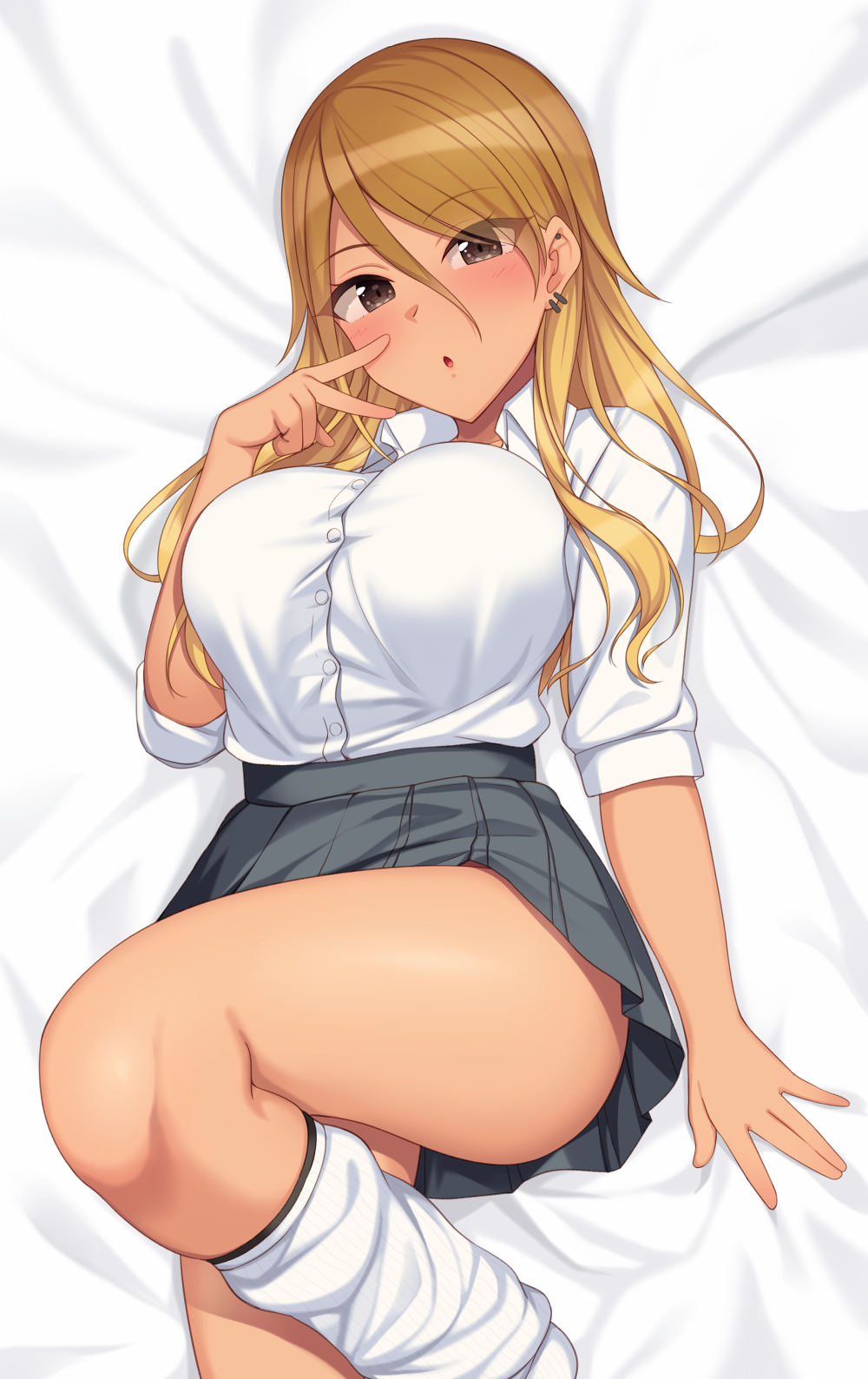 1girls ass big_breasts blonde_hair blush breasts brown_eyes curvy dark_skin earrings eyebrows_visible_through_hair female_only gyaru hair_between_eyes highres hiiragi_hajime idolmaster idolmaster_shiny_colors izumi_mei jewelry kogal large_breasts long_hair looking_at_viewer loose_socks lying on_back open_mouth pleated_skirt school_uniform shirt_tucked_in skirt solo thick_thighs v white_legwear