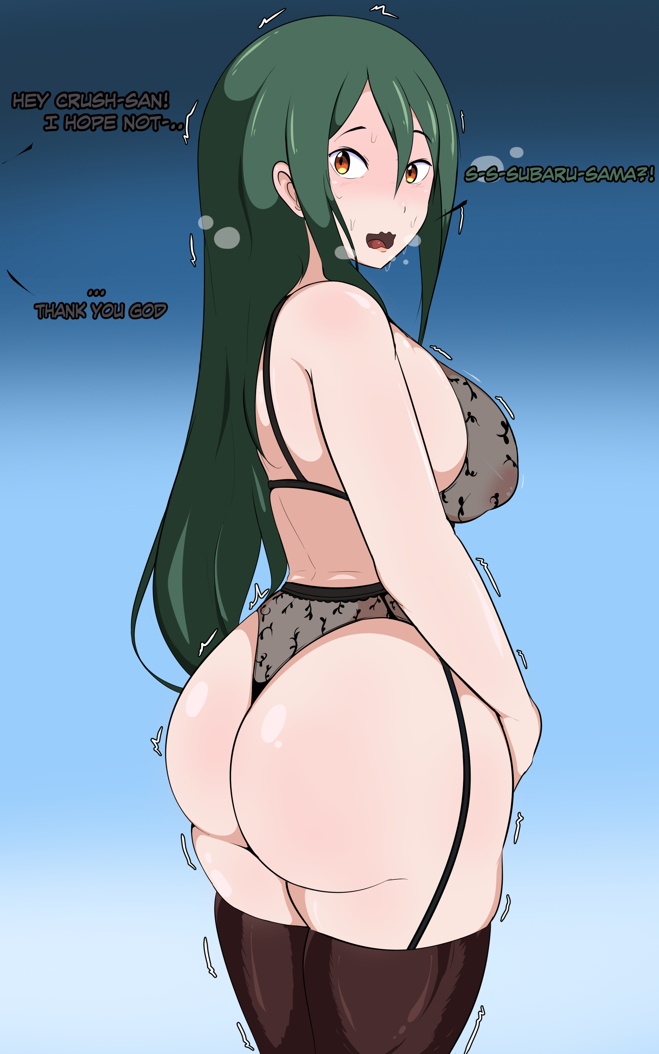 1girls, ass, black bra, black legwear, black panties, black thighhighs, bra, clothing, crusch karsten, female, legs together, leo el random, long hair, matching underwear, open mouth, panties, re:zero kara hajimeru isekai seikatsu, thighhighs, wide eyed, wide hips