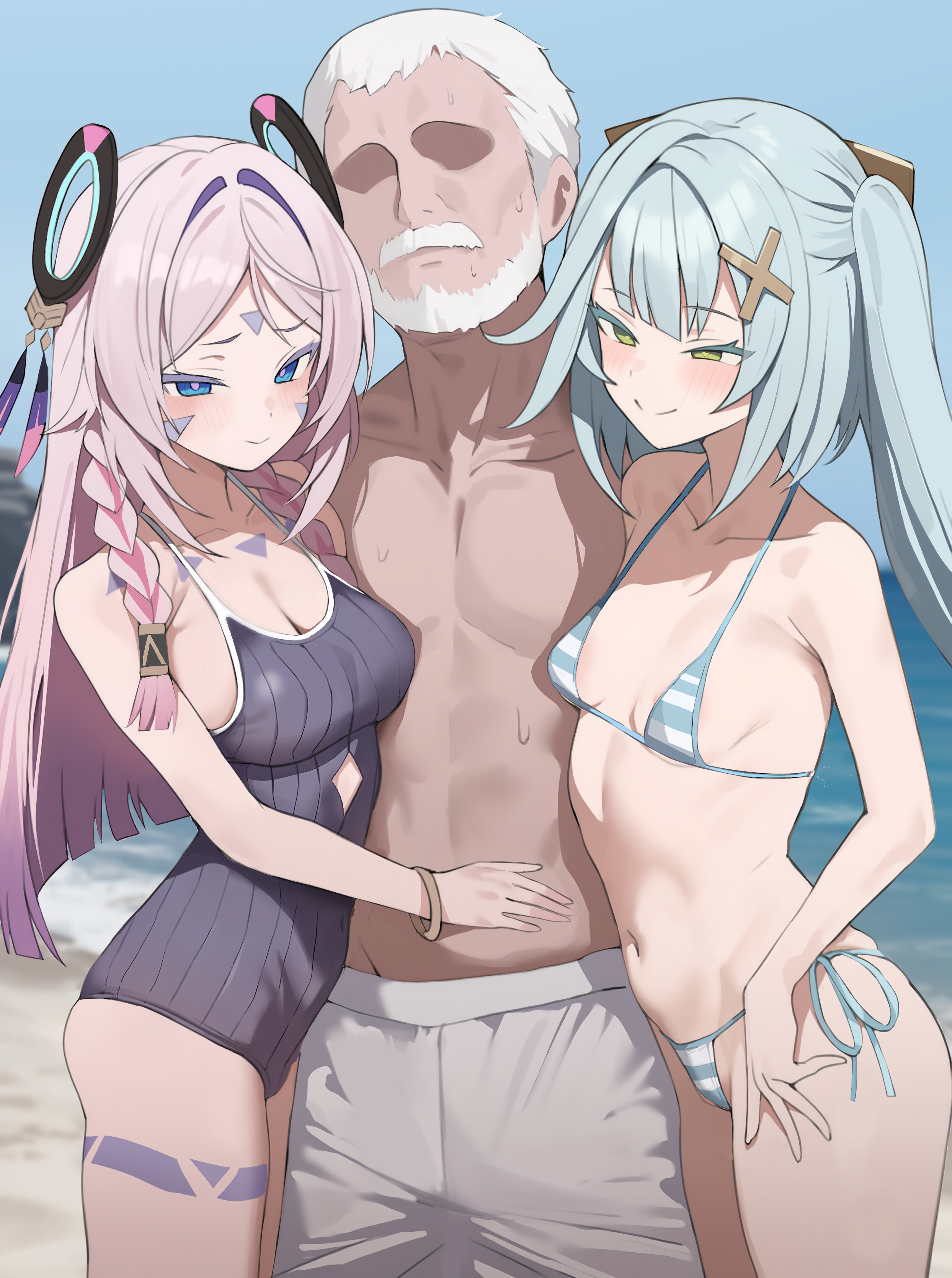 1boy, 2girls, absurdres, aqua hair, bare shoulders, bikini, black one-piece swimsuit, blue eyes, blurry, blurry background, blush, braid, breasts, character request, citlali (genshin impact), cleavage, closed mouth, clothing cutout, cutout above navel, diamond cutout, facial mark, faruzan (genshin impact), female, floating headgear, forehead mark, genshin impact, green eyes, hair intakes, hair ornament, headgear, heart, heart-shaped pupils, highres, large breasts, long hair, male, micro bikini, multiple females, multiple girls, navel, old, old man, one-piece swimsuit, outdoors, pink hair, pink pupils, redshark (t373412), ring hair ornament, small breasts, smile, stomach, striped bikini, striped clothes, swimsuit, symbol-shaped pupils, triangle, triangle facial mark, twin braids, twintails, x hair ornament
