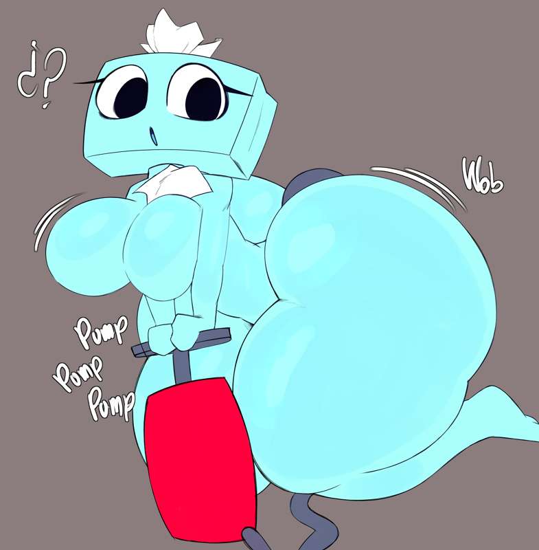 air inflation, ass expansion, breast expansion, breasts, confused, confused look, dandy's world, female, gardegu, hourglass expansion, inflated thighs, jiggling breasts, looking back, object, pump, pumping, roblox, self inflation, shocked, tisha (dandy's world)