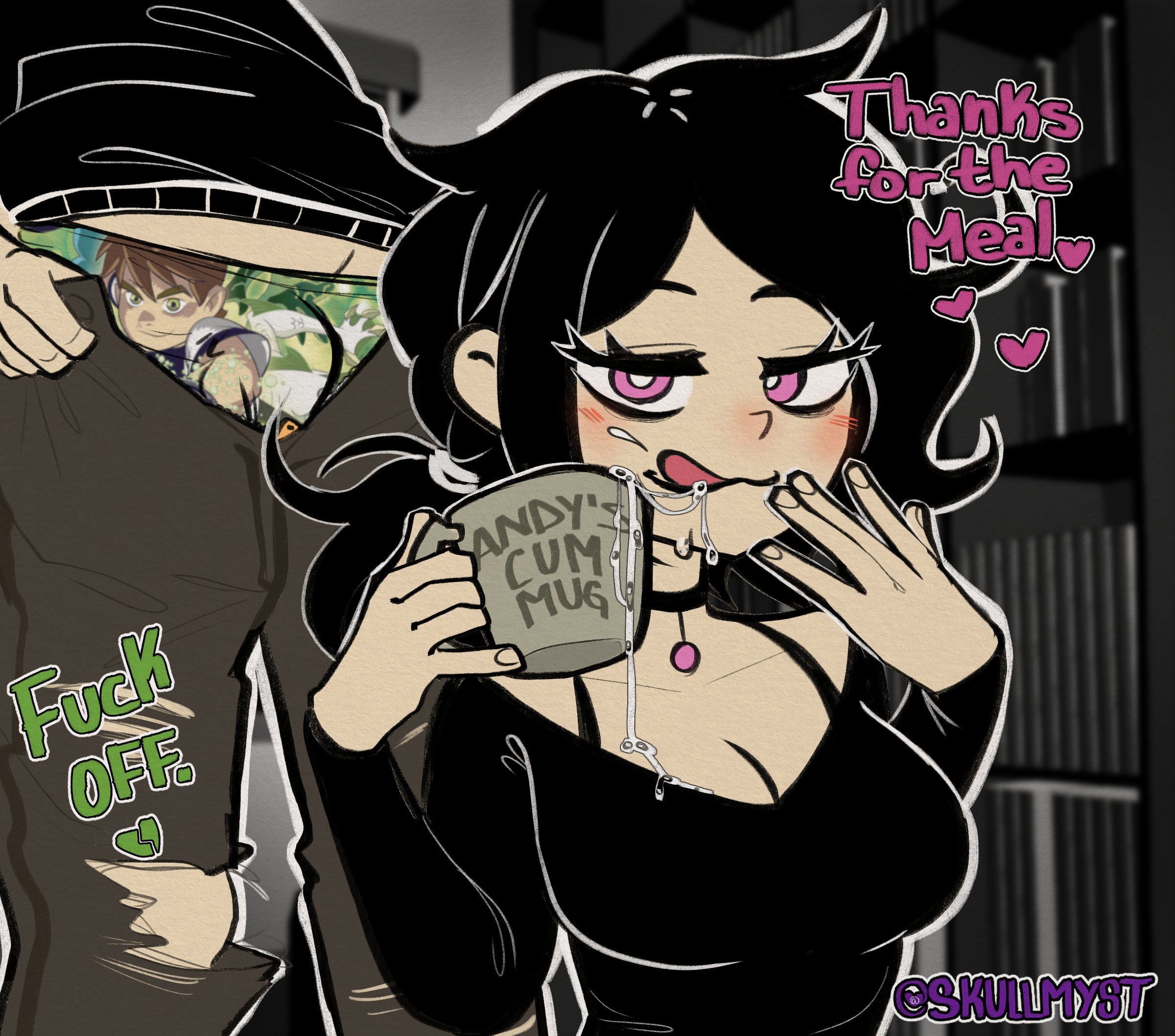 after fellatio, andrew graves, ashley graves, black hair, blush, breasts, brother and sister, bulge through ben10's back, bulge through clothing, cleavage, cum drip, cum in mouth, cum mug, cum on breasts, drinking cum, english text, female, incest, light-skinned female, light-skinned male, male, pink eyes, siblings, skullmyst, the coffin of andy and leyley