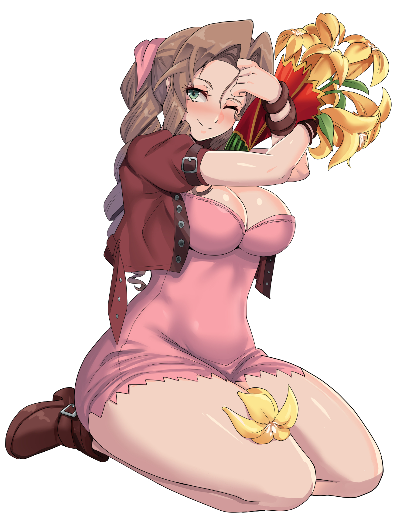 1girls, aerith gainsborough, big breasts, braided ponytail, breasts, brown hair, brown-haired female, female, female only, final fantasy, final fantasy vii, green eyes, nico-mo, solo, solo female, solo focus