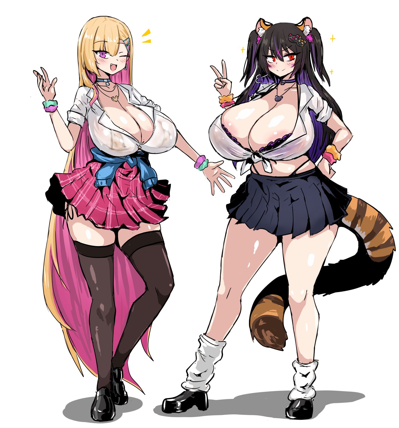 2girls, animal ears, animal tail, ankle socks, areola slip, areolae, black hair, blonde hair, blush, boryeon (last origin), bra, breasts, busty, cleavage, colored inner hair, cute fang, earrings, female, female only, full body, geist43195783, gyaru, hand on hip, huge breasts, kunoichi shiden, last origin, long hair, looking at viewer, multicolored hair, necklace, panties, purple eyes, red eyes, school uniform, skirt, smile, thick thighs, transparent clothing, voluptuous