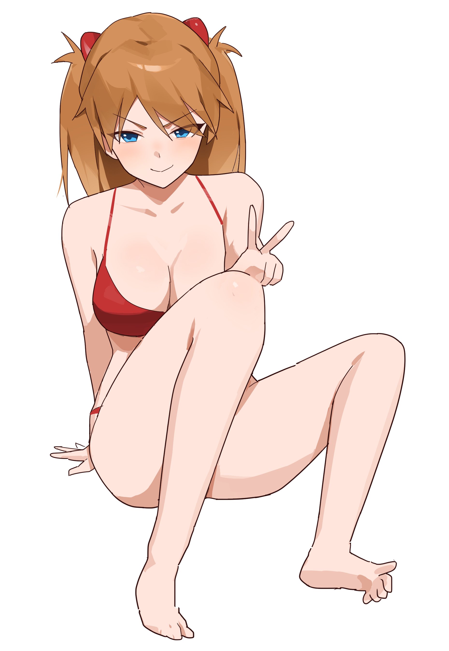 1girls, asuka langley sohryu, big breasts, blue eyes, breasts, brown hair, busty, cleavage, female, large breasts, lingerie, lingerie only, long hair, looking at viewer, neon genesis evangelion, orange hair, peace sign, red lingerie, smile, tlex022, twintails, voluptuous