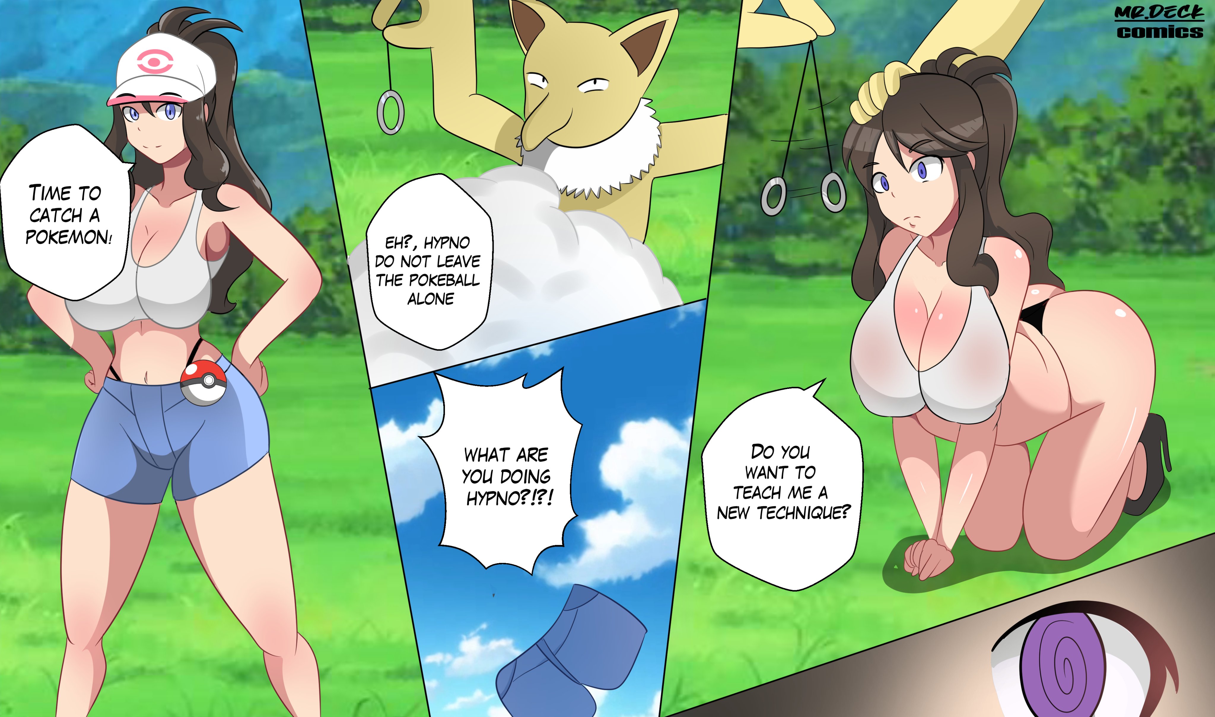 @ @, 1boy, 1girls, all fours, anthro, ass, big breasts, black thong, blue eyes, breasts, brown hair, defeated, female, hat, hilda (pokemon), human, hypno, hypnosis, interspecies, large breasts, light skin, light-skinned female, male, mind control, mrdeck, nintendo, pale skin, pale-skinned female, pendulum, pokemon, pokemon (species), pokemon bw, pokemon rgby, pokephilia, ponytail, purple eyes, shorts, speech bubble, text, thick thighs, thighs, thong, tight clothing, wide hips, yellow fur
