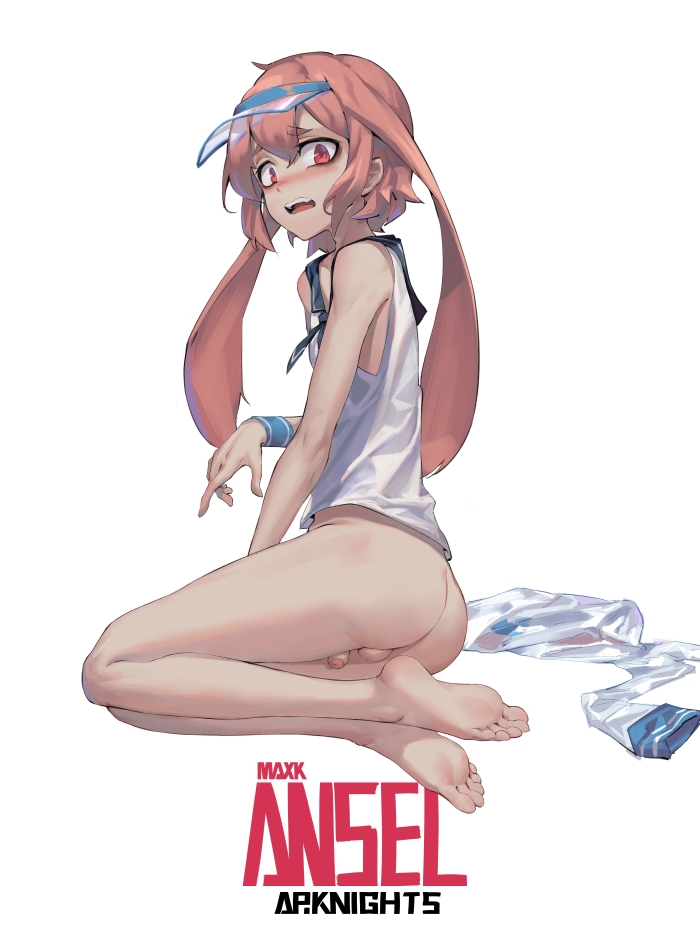 1boy, animal ears, ansel (arknights), arknights, ass, balls, bare shoulders, barefoot, blush, bottomless, bunny ears, chunk-san, feet, femboy, legs, looking at viewer, male, male only, open mouth, penis, pink hair, red eyes, short hair, simple background, sleeveless, sleeveless shirt, soles, solo, testicles, thighs, toes, trap, visor cap, white background, wristband