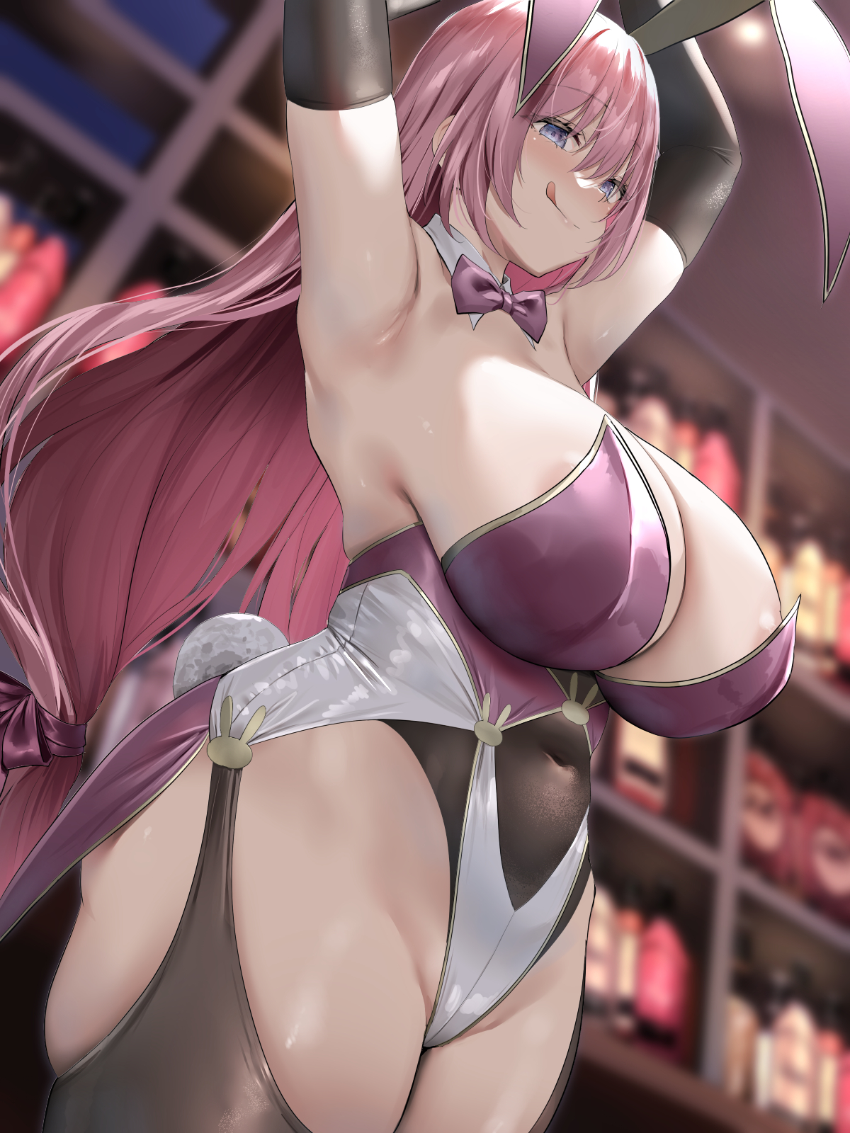 1girls, armpits, arms, blush, breasts, bunny ears, bunny girl, bunnysuit, female, highleg leotard, huge breasts, leotard, light skin, light-skinned female, long hair, oekakizuki, original, original character, pink hair, purple eyes, smile, thick thighs, wide hips