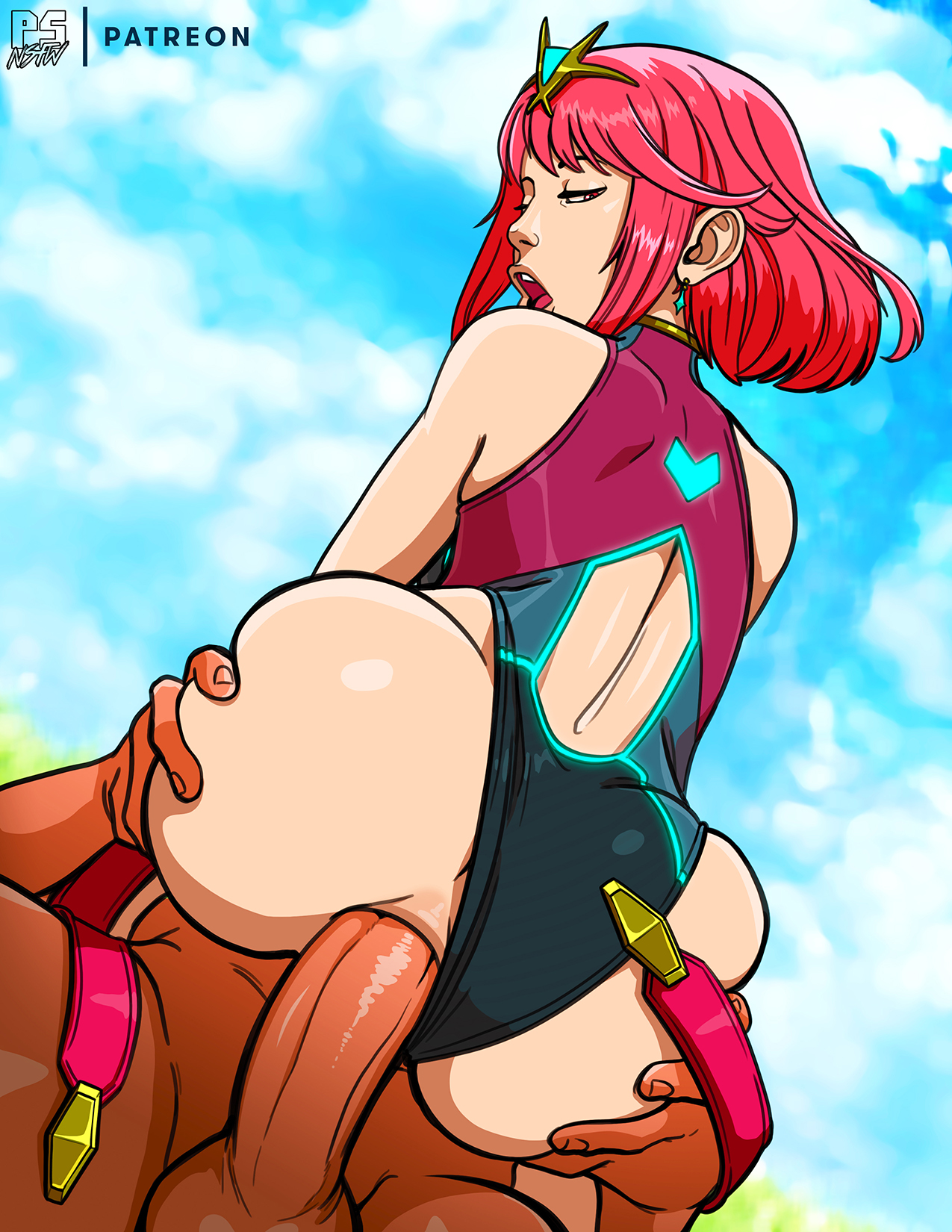 1boy, 1girls, anal, anal penetration, anal sex, anus, ass, beach, cowgirl position, female, human, light skin, light-skinned female, light-skinned male, male, nintendo, open mouth, pale skin, pale-skinned male, penis, penis in ass, pink hair, pumpkinsinclair, pyra, red eyes, round ass, round butt, sex, straight, swimsuit, unseen male face, xenoblade (series), xenoblade chronicles 2