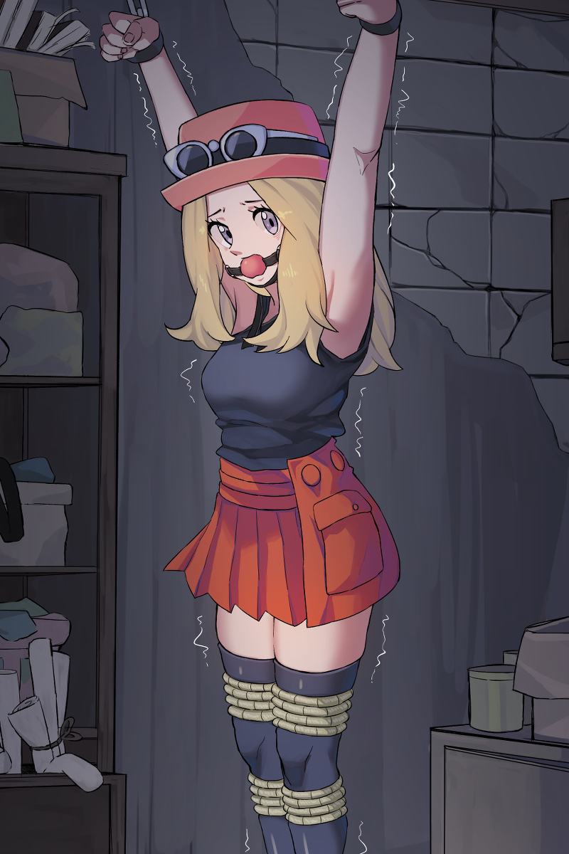 ball gag, blonde hair, bondage, bound, callujy, female, gag, pokemon, rope, rope bondage, serena (pokemon), skirt