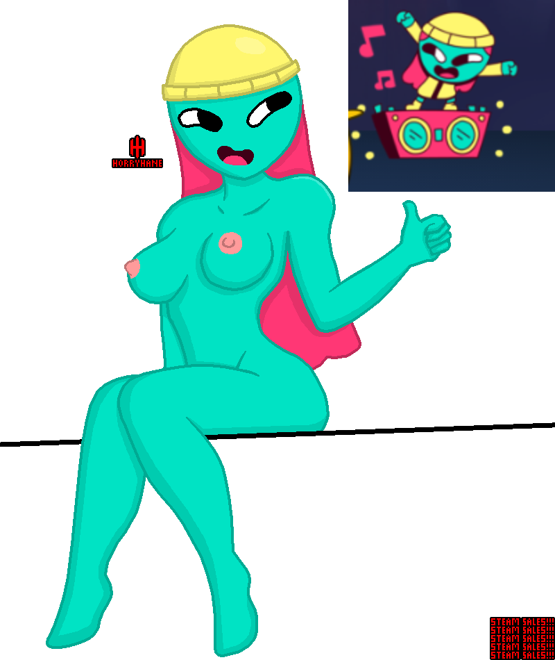 1girls artist_logo artist_name english_text female female female_only funny green_skin happy horryhane humanoid looking_away nipples no_bra no_toes nude red_hair simple_background simple_face sitting smile solo solo_female steam thumbs_up valve