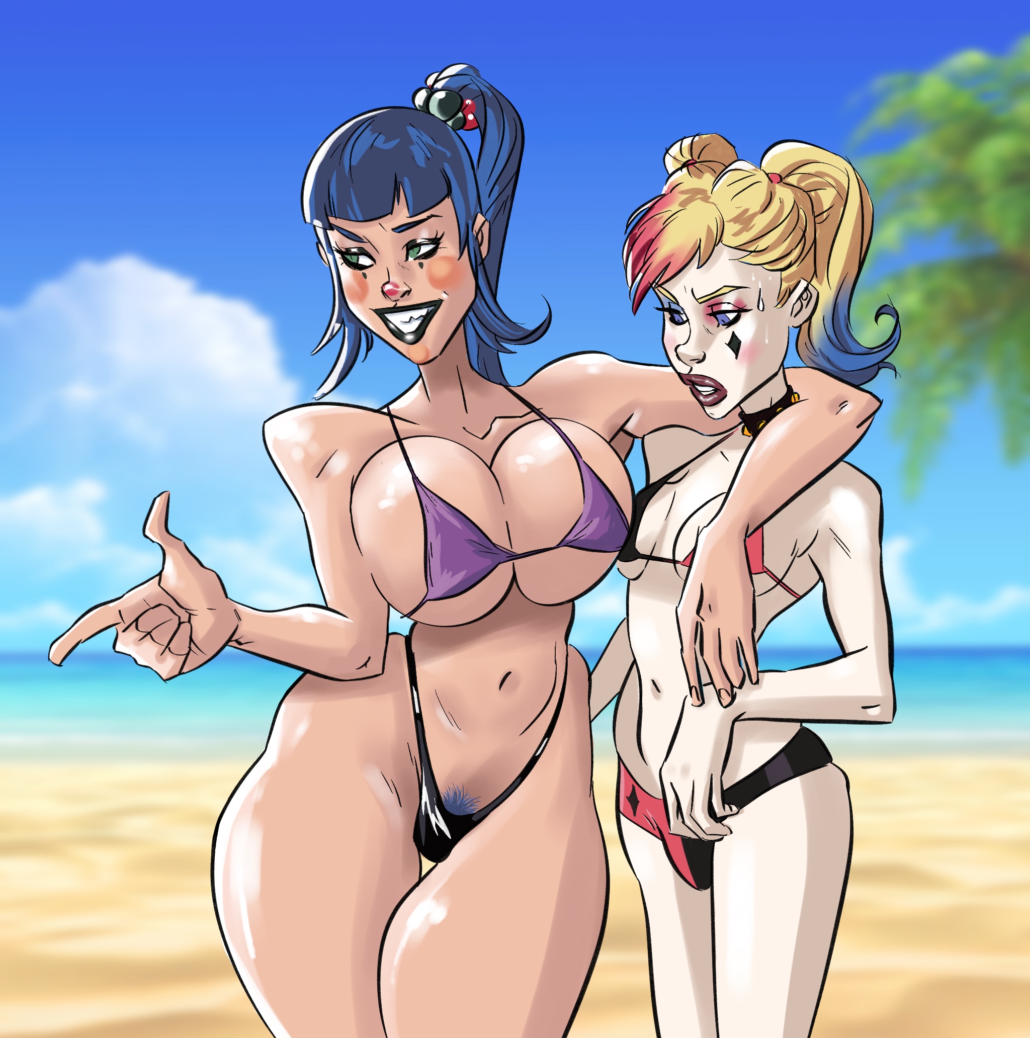 2girls, alexis kaye, batman (series), beach, bikini, black lipstick, blue eyes, blue hair, blue pubic hair, breast envy, breasts, busty, collar, dc, dc comics, facepaint, female, female only, green eyes, harley quinn, large breasts, multicolored hair, nervous, pubic hair, punchline (dc), red lipstick, skinny, small breasts, staring at breasts, sweat, tied hair, unknown artist, white skin, wide hips