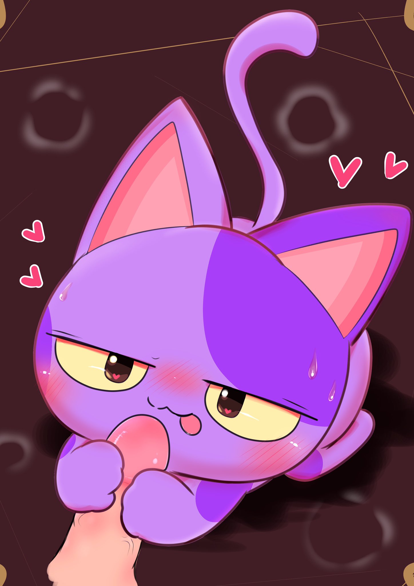 animal_crossing anthro badwingm blush bob_(animal_crossing) disembodied_penis domestic_cat duo erection felid feline felis fur genitals hands_on_penis hi_res male male/male mammal nintendo nude penis purple_body purple_fur tongue tongue_out video_games