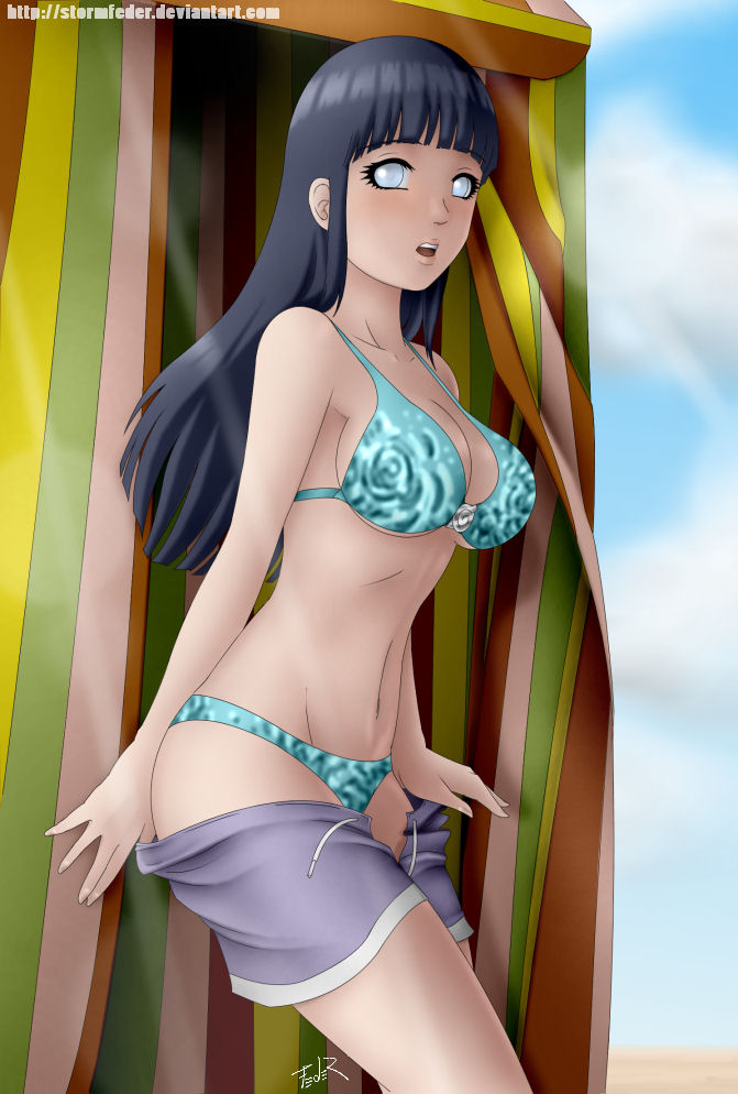 1girls, bikini, breasts, cleavage, female, female only, hyuuga hinata, long hair, naruto, naruto (series), naruto shippuden, purple hair, shorts, shorts down, stormfeder, tent, undressing, violet eyes