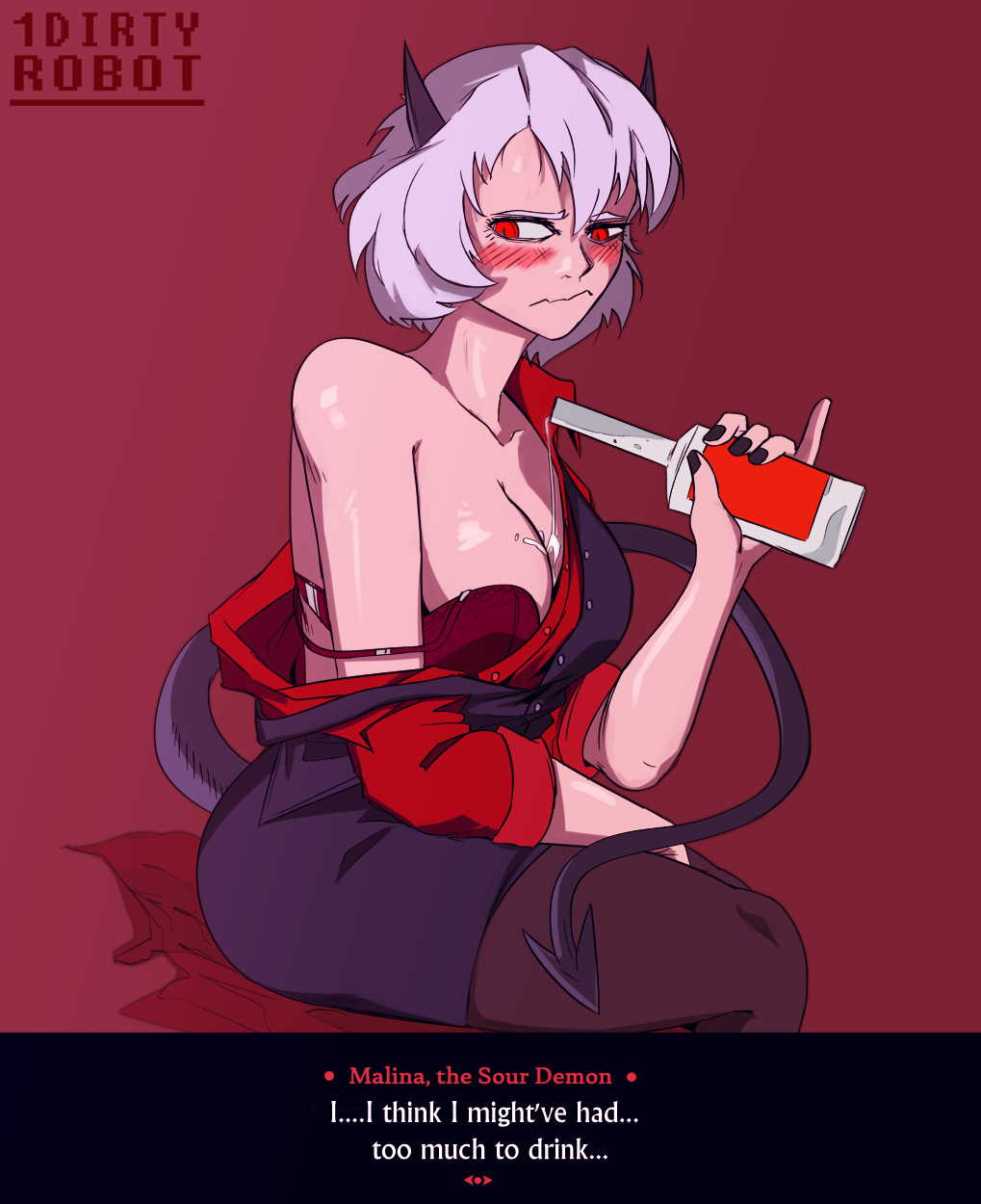 1dirtyrobot 1girls black_horn blush bra clothed clothing demon demon_girl demon_tail female helltaker horns malina_(helltaker) red_eyes simple_background solo solo_female tail tomboy white_hair