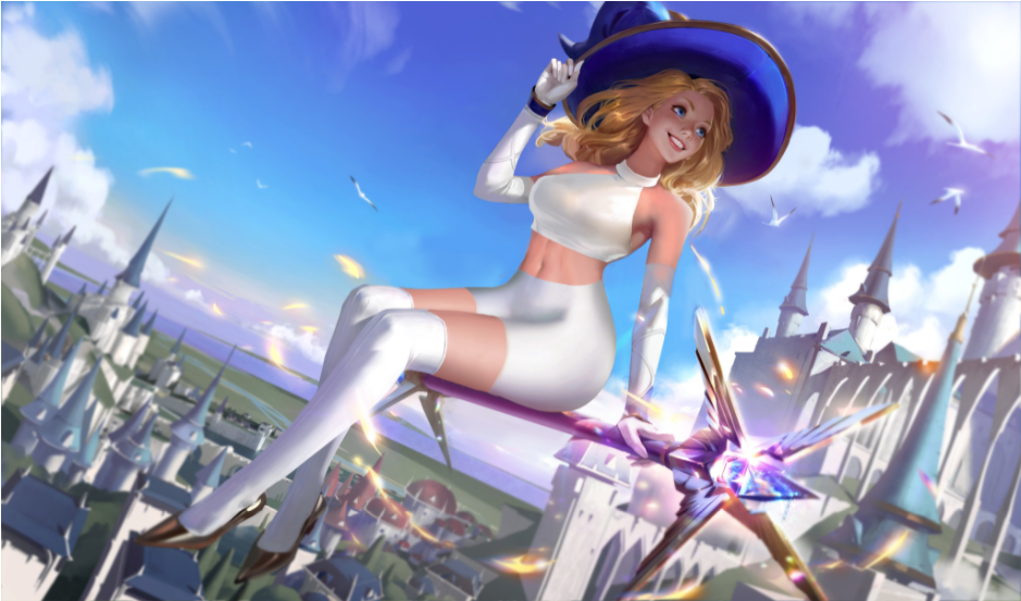 1girls, birds, blonde hair, blue eyes, blue hat, castle, city background, crop top, elbow gloves, female, female only, flying, league of legends, luxanna crownguard, magic staff, richtofen, shoes, shorts, staff, tagme, thigh highs, thighhighs, tight clothing, tight shorts, white clothing, white legwear, witch hat