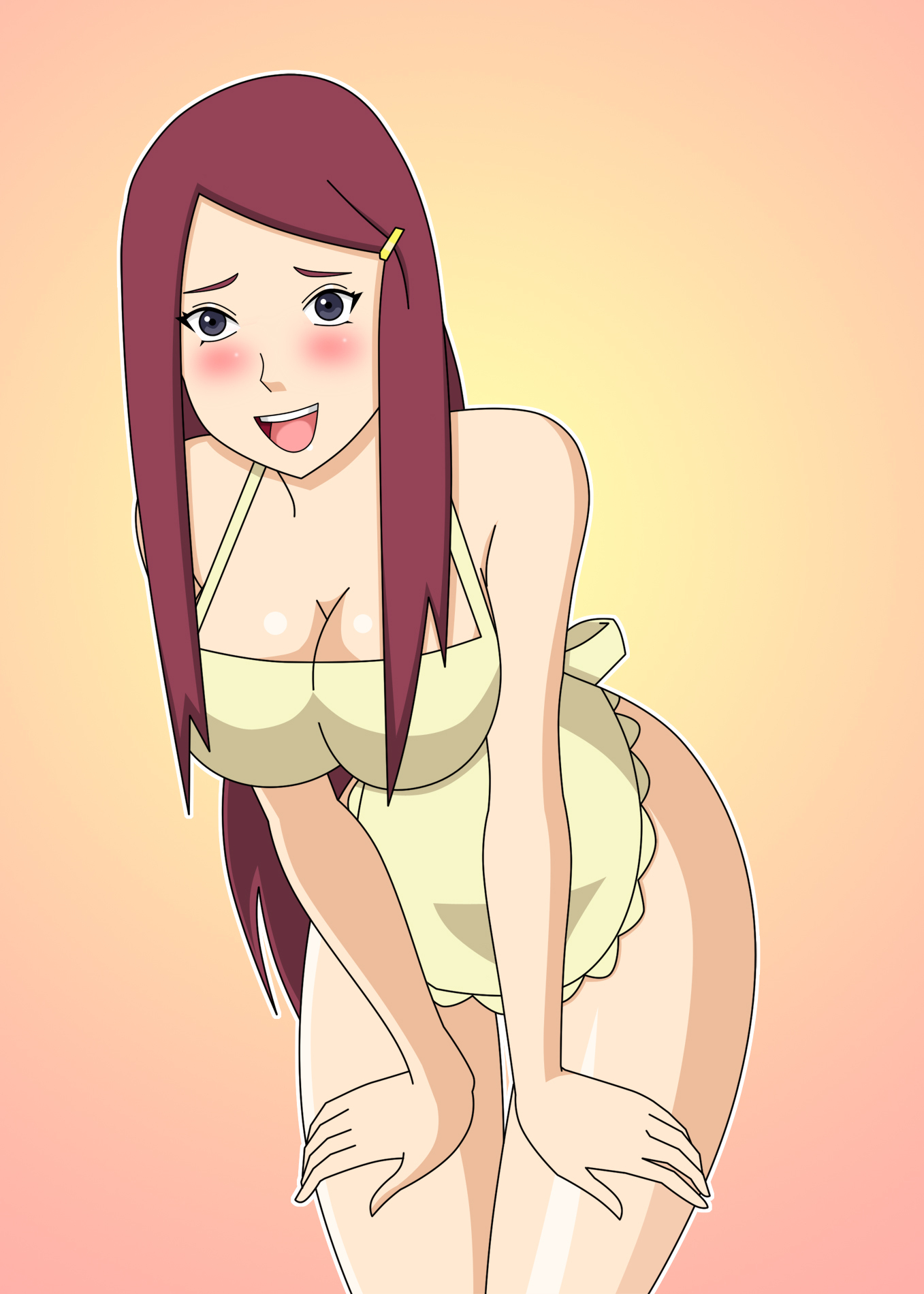 1girls, apron, bent over, blush, breasts, cleavage, female, female only, long hair, naked apron, naruto, naruto (series), naruto shippuden, pervyangel, purple eyes, red hair, smile, standing, uzumaki kushina