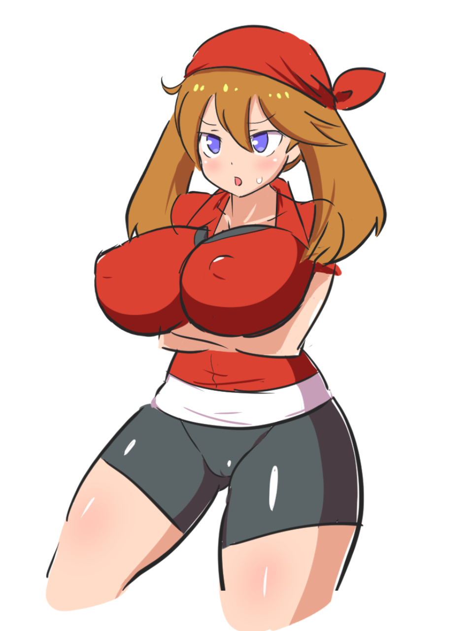 :o, 1girls, big breasts, blue eyes, blush, breasts, brown hair, dd (artist), female, huge breasts, human, large breasts, leggings, light skin, light-skinned female, may (pokemon), medium hair, nintendo, open mouth, pale skin, pale-skinned female, pokemon, pokemon rse, shorts, sweat, thick thighs, tight clothing, white background, wide hips