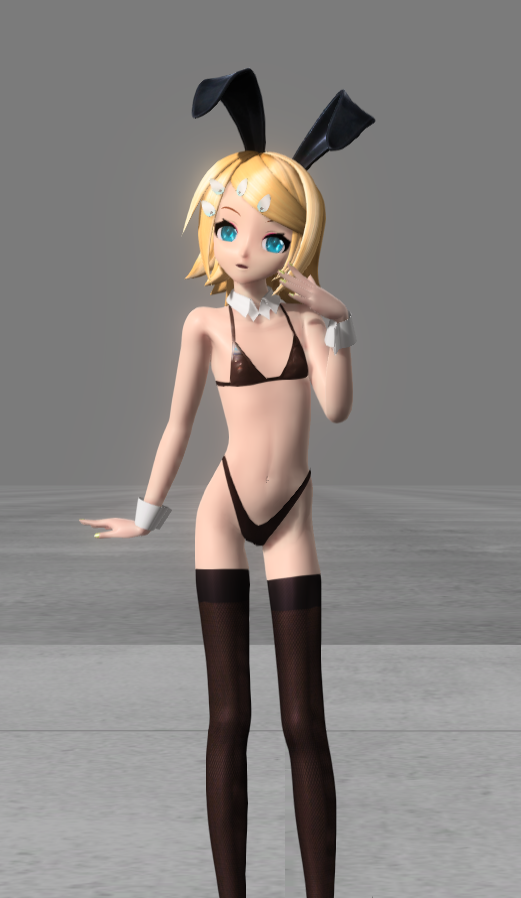 3d animal_ears bikini blonde_hair blue_eyes breasts bunny-suit bunny_ears female fishbones fishnet_stockings flat_chest kagamine_rin project_diva_(series) small_breasts swimsuit vocaloid