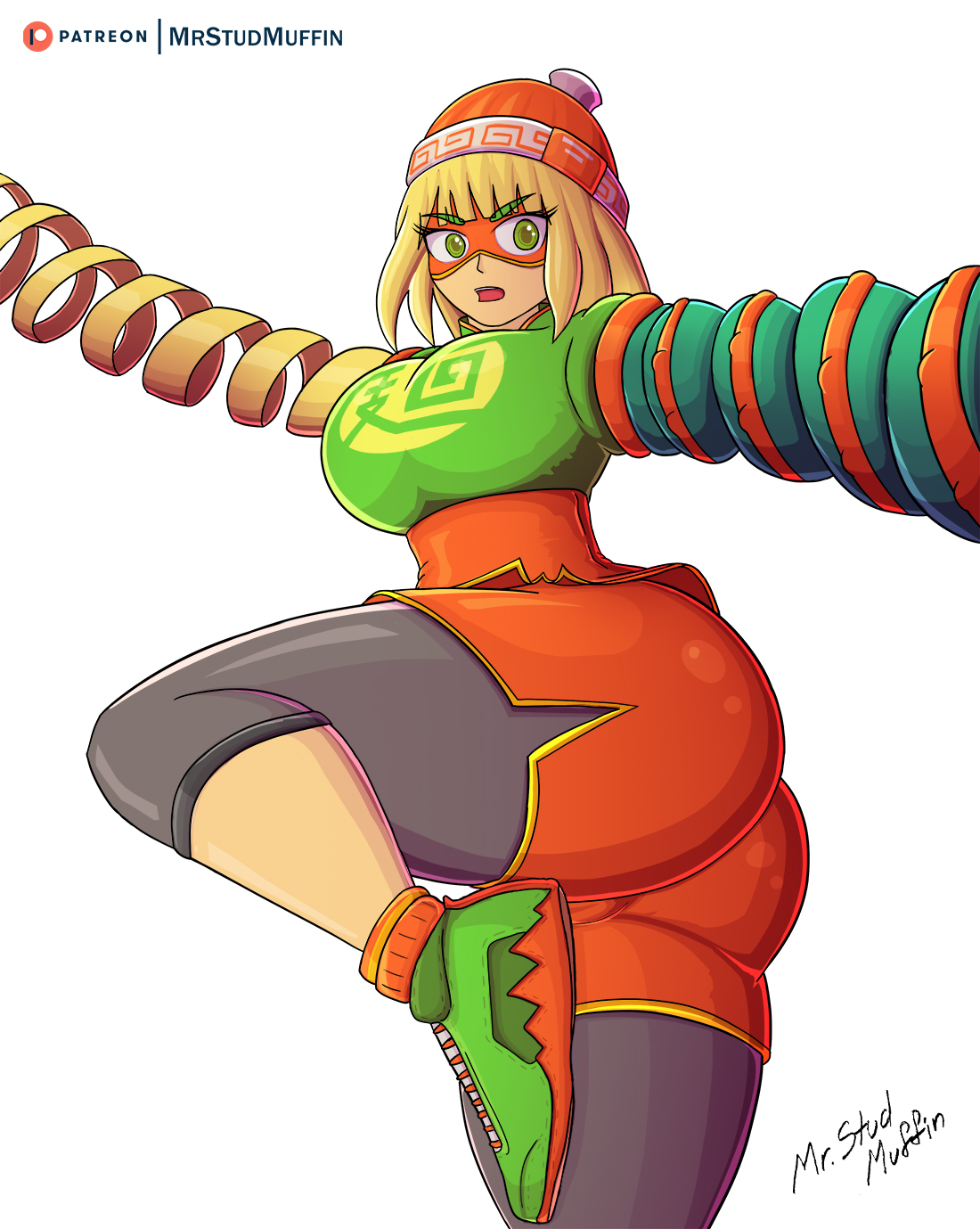 1girls, apple butt, arms (game), ass, ass focus, big ass, big breasts, big butt, bimbo, blonde hair, bottom heavy, breasts, bubble ass, bubble butt, busty, butt focus, clothes, clothing, eye contact, female, green eyes, hat, huge ass, huge breasts, large breasts, leggings, looking at viewer, mask, min min (arms), mrstudmuffin, nintendo, patreon username, short hair, shorts, spread legs, teenager, text, thick ass, thick thighs, white background