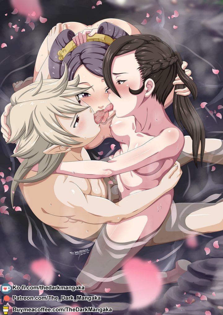 1boy, 2girls, assisted sex, bath, black hair, breasts, cherry blossoms, completely nude, corrin (fire emblem), corrin (fire emblem) (male), cowgirl position, elf, elf ears, female, female human, fire emblem, fire emblem fates, flower petals, french kiss, group kissing, hot spring, human, in water, interspecies, kagero (fire emblem), kiss, kissing, kissing while penetrated, light-skinned female, making out, male, medium breasts, nintendo, nipples, onsen, orochi (fire emblem), pointy ears, purple hair, pussy, sex, straddling, the dark mangaka, threesome, tongue, tongue out, vaginal penetration, vaginal sex