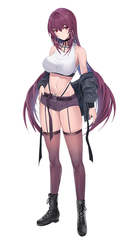 alternative_costume ankle_boots arm_at_side bangs bare_shoulders belt_buckle black_footwear black_jacket black_nails blush boots breasts buckle casual cosplay crop_top cross-laced_footwear damda earrings eyebrows_visible_through_hair fate/grand_order fate_(series) female full_body garter_straps hair_between_eyes hand_on_hip hoop_earrings jacket jacket_off_shoulders jewelry lace-up_boots large_breasts lingerie long_hair long_sleeves looking_at_viewer nail_polish o-ring off_shoulder open_clothes open_jacket purple_hair purple_legwear purple_shorts red_eyes scathach_(fate) short_shorts shorts simple_background solo standing thighhighs tifa_lockhart_(cosplay) very_long_hair white_background