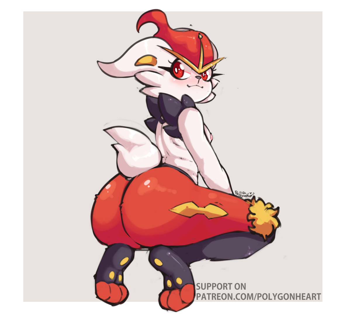 1girls, anthro, anthrofied, ass, big ass, blush, bunny ears, bunny tail, cinderace, female, fur, furry, nintendo, patreon username, pokemon, pokemon ss, polygonheart, red eyes, text, thepolygonheart, thick thighs, thighs, white fur