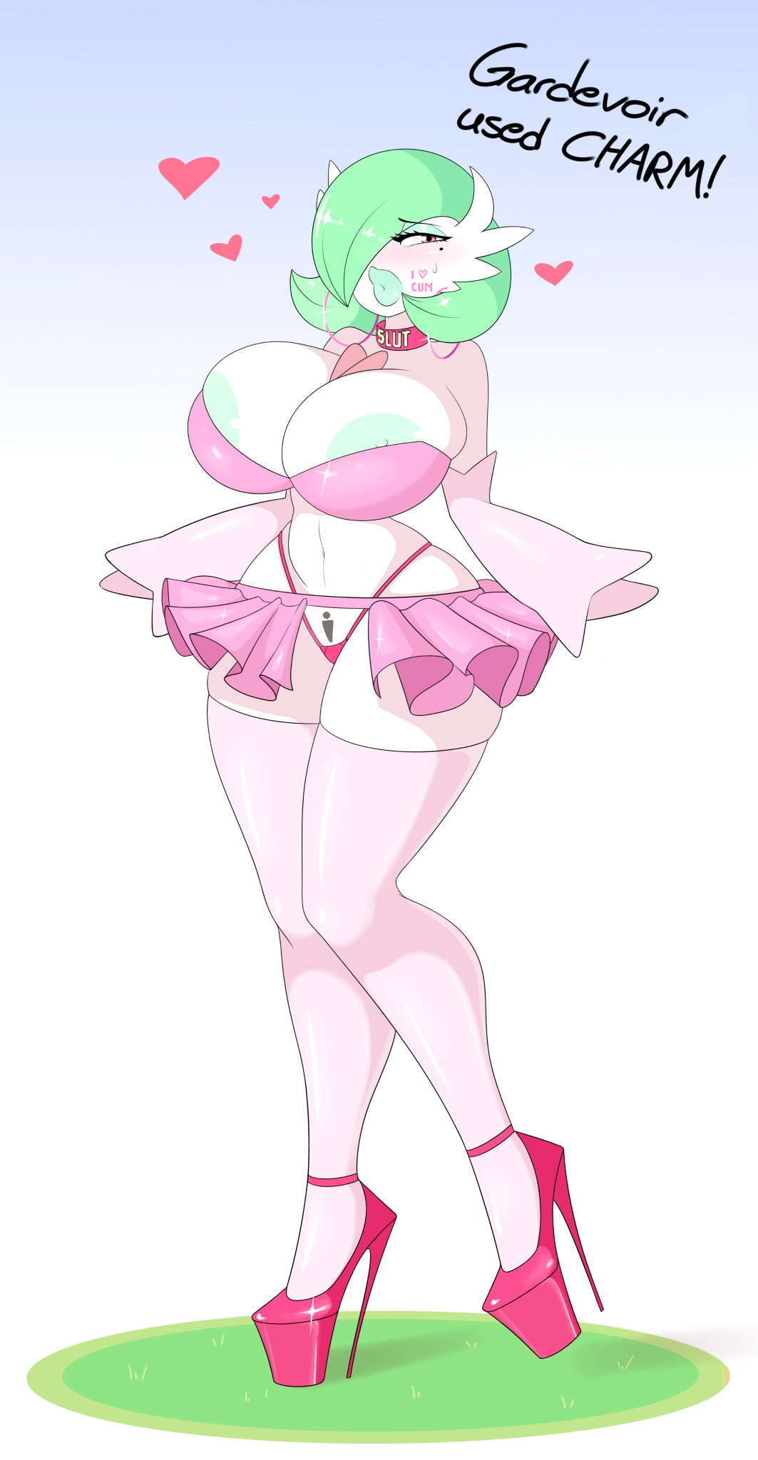 1girls, abs, anthro, anthrofied, areolae, ass, beauty mark, big lips, bimbo, bimbo gardevoir, bimbofication, blush, body writing, breasts, charm (pokemon move), choker, cleavage, curvy, earrings, edit, erect nipples, eye contact, eyelashes, eyeshadow, female, gameplay mechanics, gardevoir, green eyeshadow, green hair, green lipstick, green skin, hair over one eye, half-closed eyes, heart, high heels, hoop earrings, hoop earrings oversized, huge ass, hyper, hyper breasts, large areolae, lipstick, looking at viewer, makeup, mega evolution, mega gardevoir, miniskirt, nintendo, nipples, panties, pink eyes, pink heels, pink thighhighs, platform heels, pokemon, pokemon (species), pokemon battle, pokemon move, pokemon rse, prostitute, sealguy, solo, straight, text, thick thighs, thighhighs, thin waist, white background, white skin, wide hips