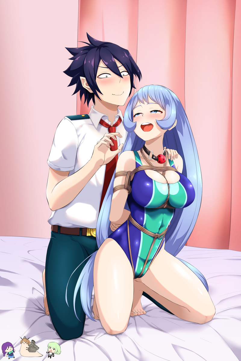 1boy 1girls amajiki_tamaki ball_gag black_hair blue_hair blush bondage bound cleavage consensual_bondage crotch_rope female femsub gag hadou_nejire hand_on_shoulder happy_sub long_hair looking_at_another maledom my_hero_academia nejire_hado nero-kun rope rope_bondage shibari_over_clothes swimsuit tamaki_amajiki tight_clothing u.a._school_uniform willing_sub