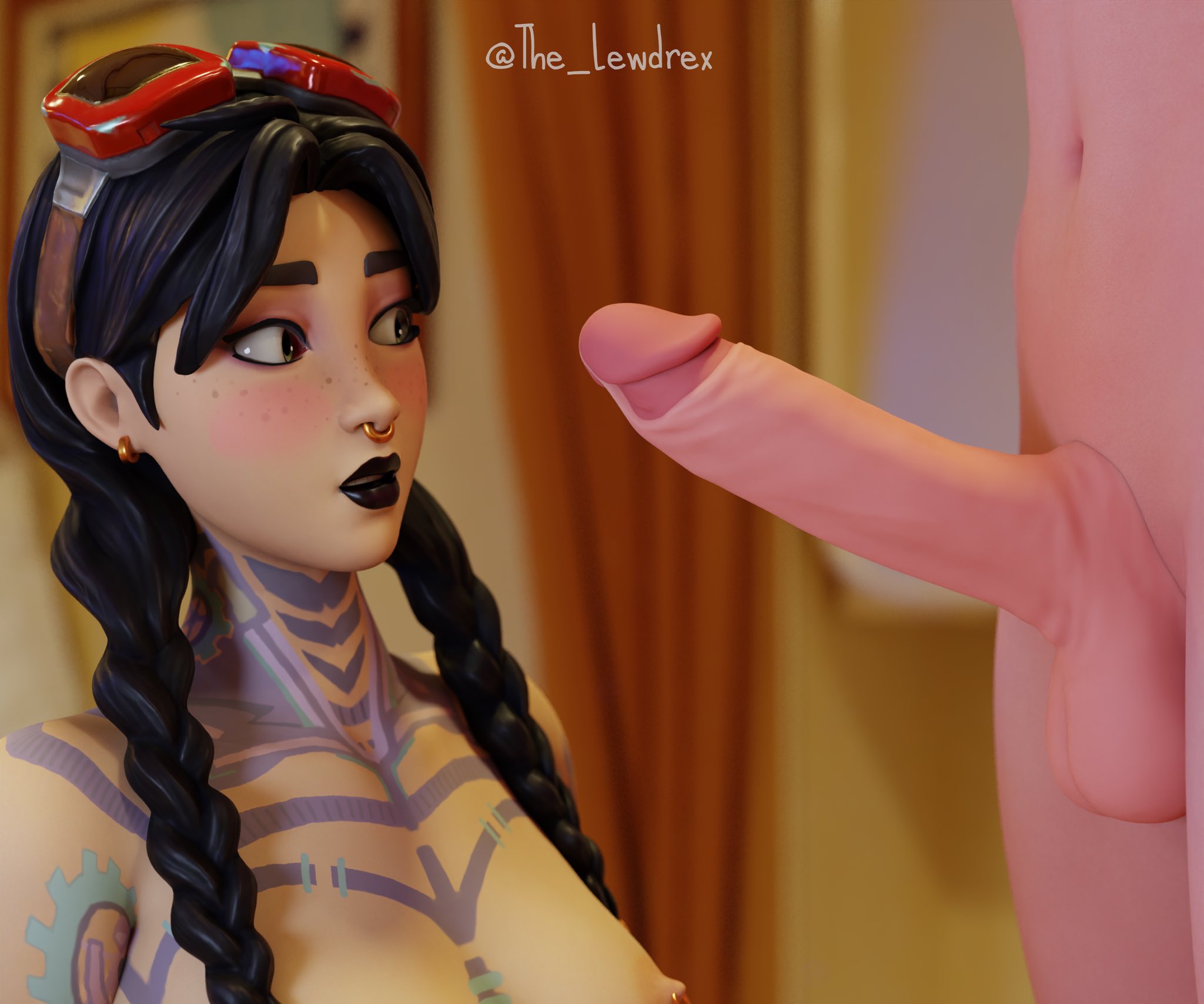 1boy, 1girls, 3d, balls, big penis, black hair, breasts, ear ring, female, fortnite, goggles, goggles on head, jules (fortnite), lewdrex, male, nipple piercing, nipples, nose piercing, nude, nude female, nude male, penis, piercing, room, small breasts, straight, surprised, tagme, tattoos, tattoos everywhere